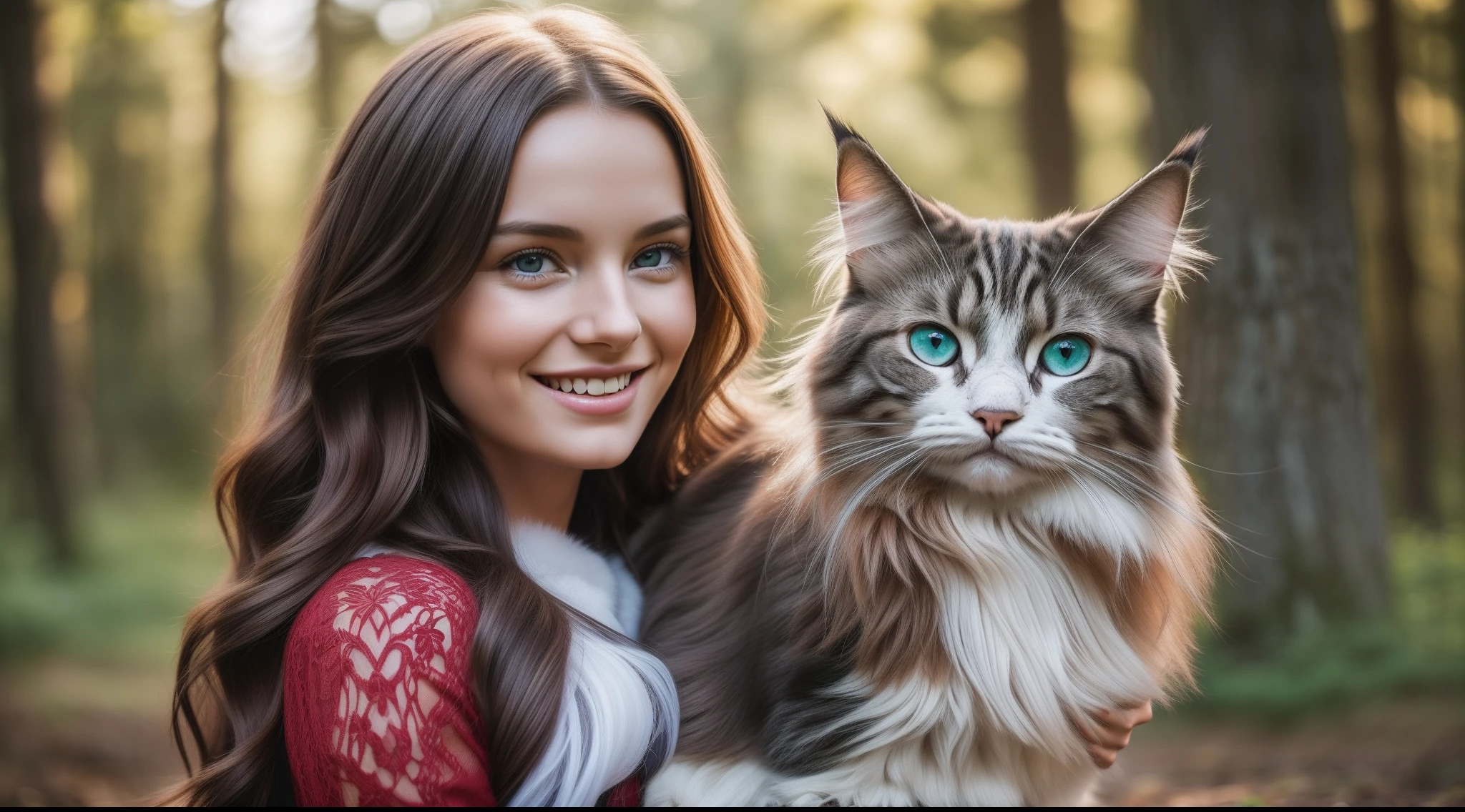 (Photo of a young woman with long hair and ocean blue eyes carrying in her arms a large Norwegian forest cat tabby black : 1.2), (appareil photo Sony Alpha 1, Renowned for capturing exceptional details and vivid colors : 1.2), (paired with the Sony FE 50mm f lens / 1.8 for focused and complete shooting : 1.2), (The girl with a radiant smile and a perfectly symmetrical face:1.1), (appareil photo Sony Alpha 1 capturant les textures complexes de ses cheveux et de son chat :1.2), (dressed in a perfectly fitted red dress :1.2), (Carrying in his arms a large Norwegian forest cat tabby black : 1.2), (cadre pittoresque et enchanteur dans un champ de fleurd : 1.1), (Sunlight casts a soft, ethereal glow : 1.3), (A feeling of joy and happiness evident in his bright smile:1.3), (High-resolution photo ensures that every detail, the expression of the girl and her cat, is preserved : 1.3), cutscene, hyper-detailed, crazy details, beautifully colored, Super-Resolution, Megapixel, Kinematic lightning, Post-traitement, insanely detailed and intricate, hyper maximaliste, hyper realistic, volumetic, photoreallistic, Ultra real photo, ultra-detailed, highly detailed, 16K,