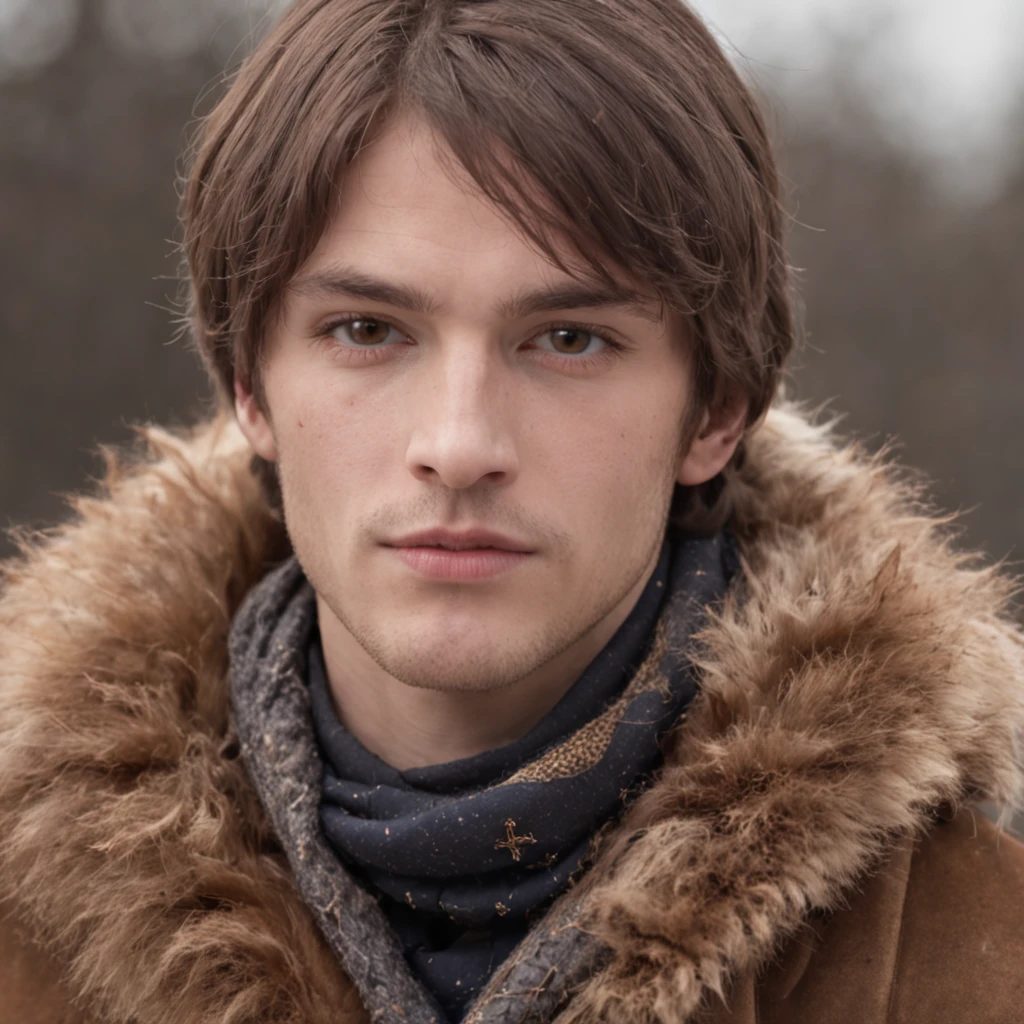 Portrait, Male, Brown Hair, Brown irises, Wearing heavy winter clothes, Medieval clothing, Casting a spell