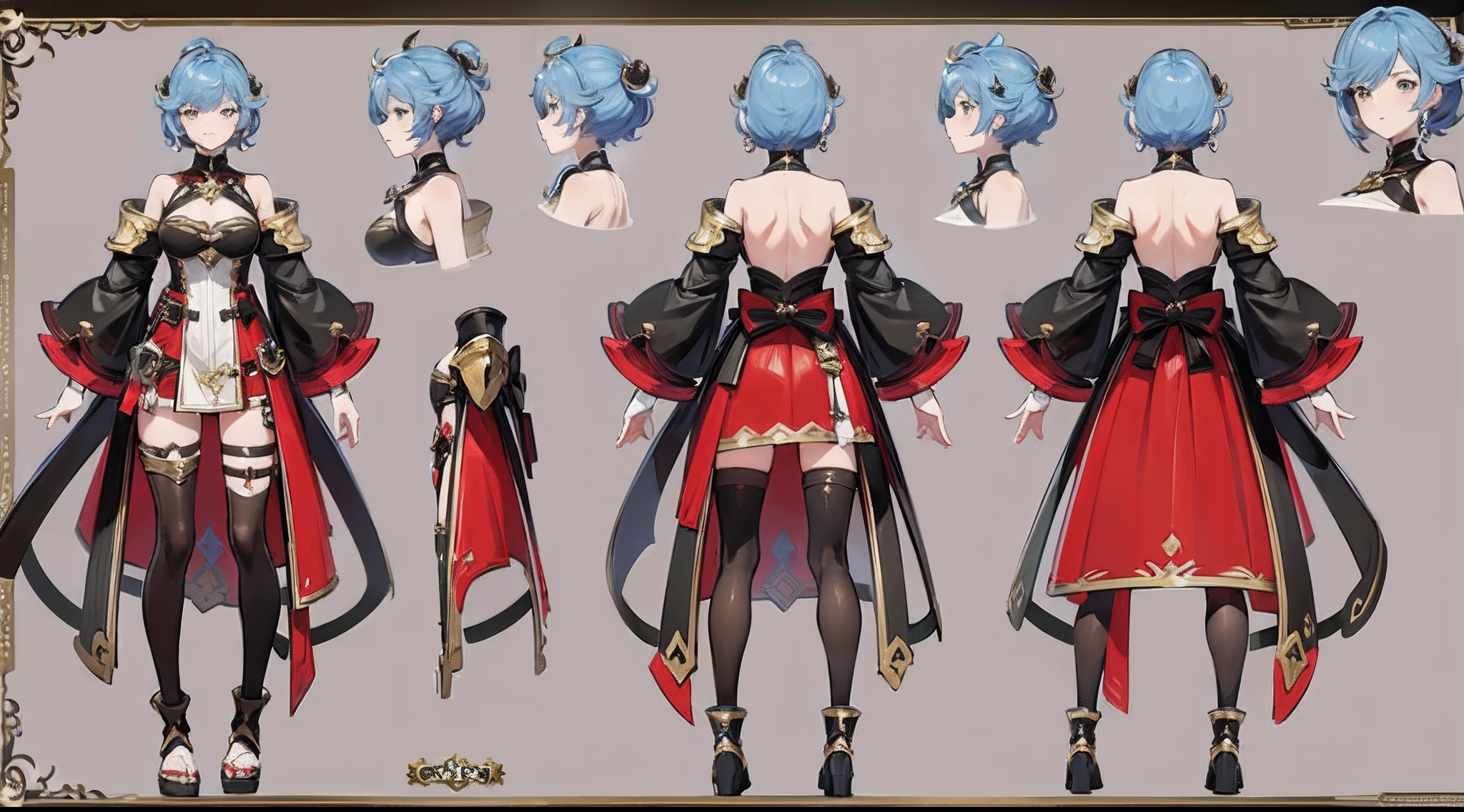 masterpiece, character reference sheet, best character design sheet, 1 woman, 20 years old, ((granblue fantasy character)), wearing blade and soul and granada espada hybrid costume, complete full body, ((1 perpective view and 1 front view and 1 back view only)) light colors themed costume design, symmetrical elements in costume, costume simulation detection like in CLO, marvelous designer, 8k resolution, ultra high definition image output