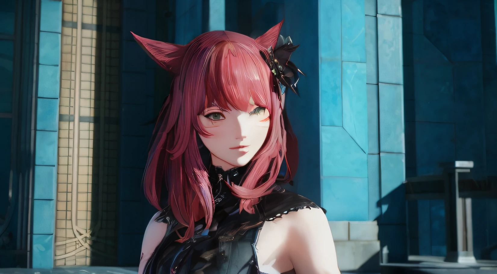 Anime girl with red hair and horns standing in front of the building, pink twintail hair and cyan eyes, Attractive cat girl, Girl with cat ears, woman with cat ears, beautiful young catgirl, Cat girl, final fantasy 14 style, new character, cat woman, character close up, Female character, Close-up of people, anime girl with cat ears