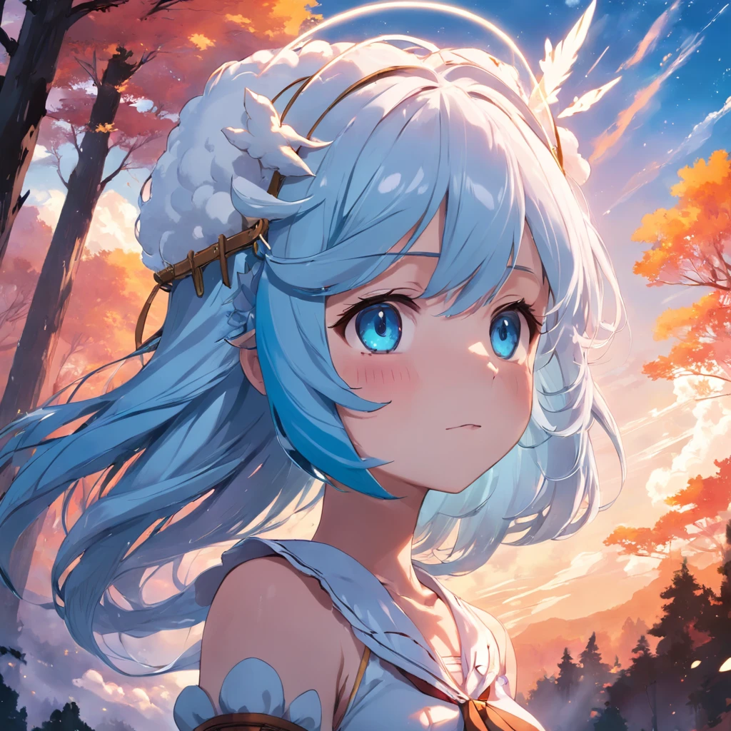 anime girl with blue hair and a white headdress in a forest, masterpiece, best quality, movie still, 1girl, cloud girl, floating in the sky, close-up, bright, happy, warm soft lighting, sunset, (sparks:0.7)
