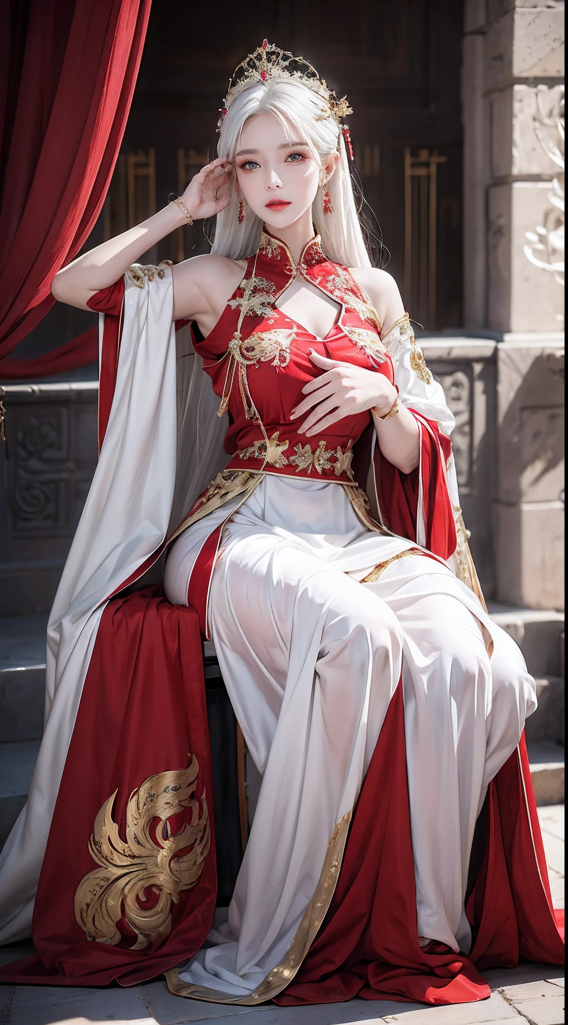 Photorealistic, high resolution, 1 woman, Hips up, Beautiful eyes, White hair, Long hair, tattoo, jewelry, ringed eyes, red and gold dress, tiara, kneeling