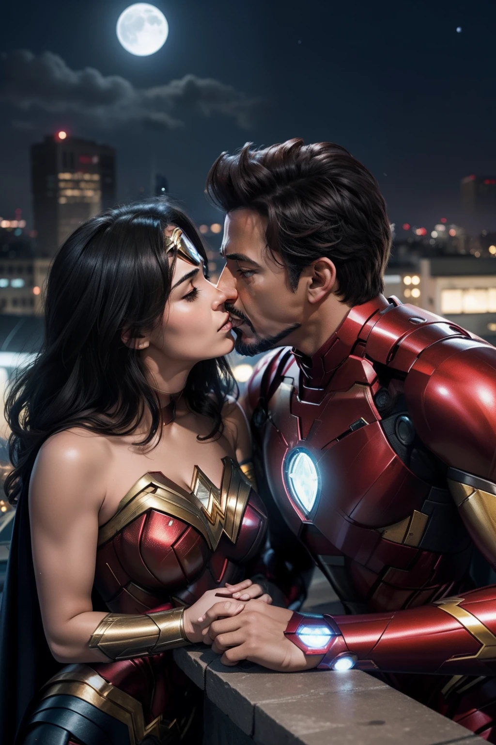 Iron Man and Wonder Woman find themselves alone on a rooftop, their hearts longing to connect. As they share their dreams, a gentle touch and a lingering gaze speak volumes. Under the moonlit sky, they share a passionate kiss, knowing their love is stronger than their superhero duties. Fingers entwined, they continue their mission, united and unstoppable.