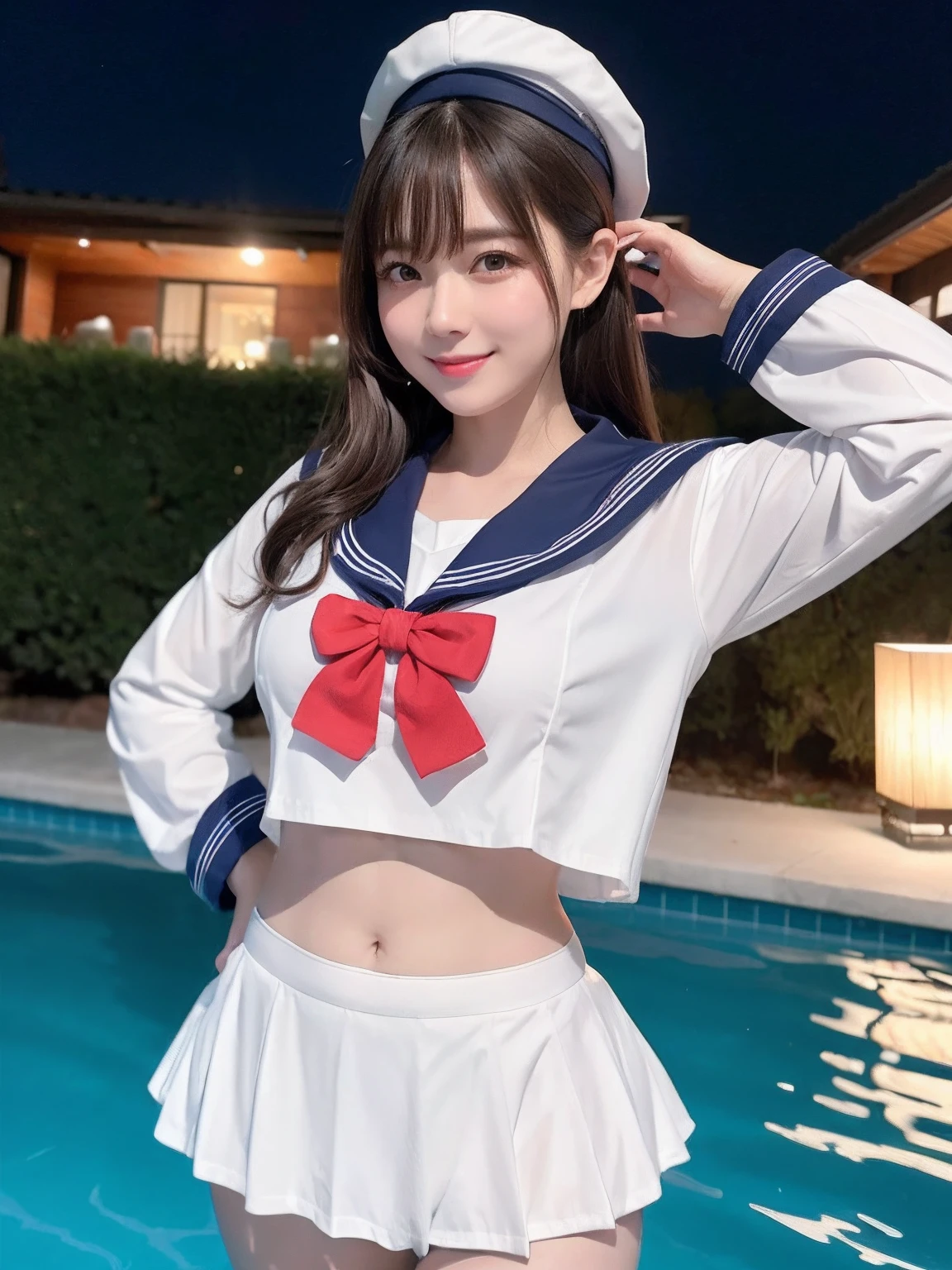 girls standing in school yard,short-sleeved white frilled sailor leotard with red bow tie,18-year-old,bangs,a little smile,thighs,knees,straight hair with barrette,from below,front-light