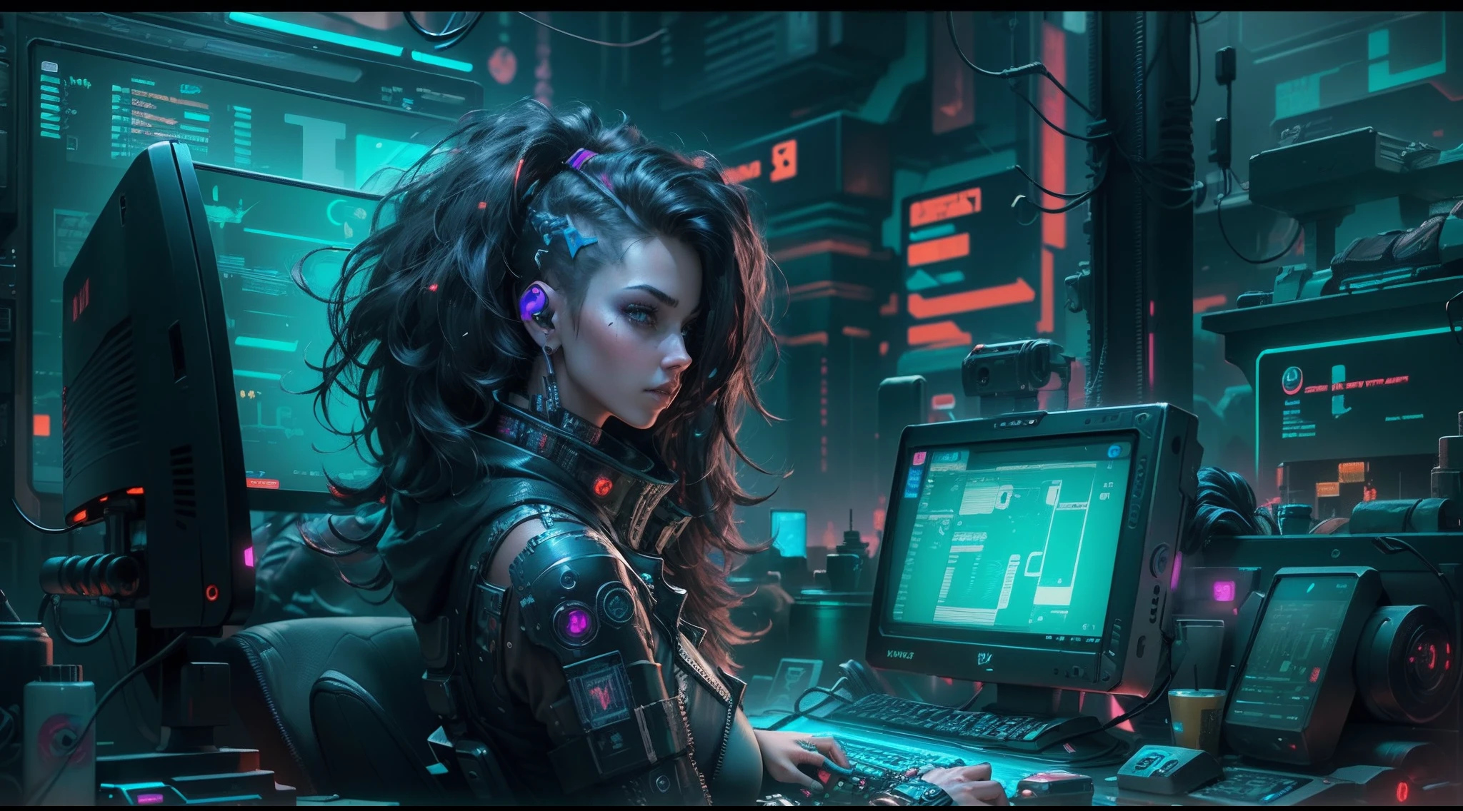 ((Best quality)), ((masterpiece)), (highly detailed:1.3), 3D, beautiful (cyberpunk:1.3) hacker woman with thick voluminous hair operating a computer terminal