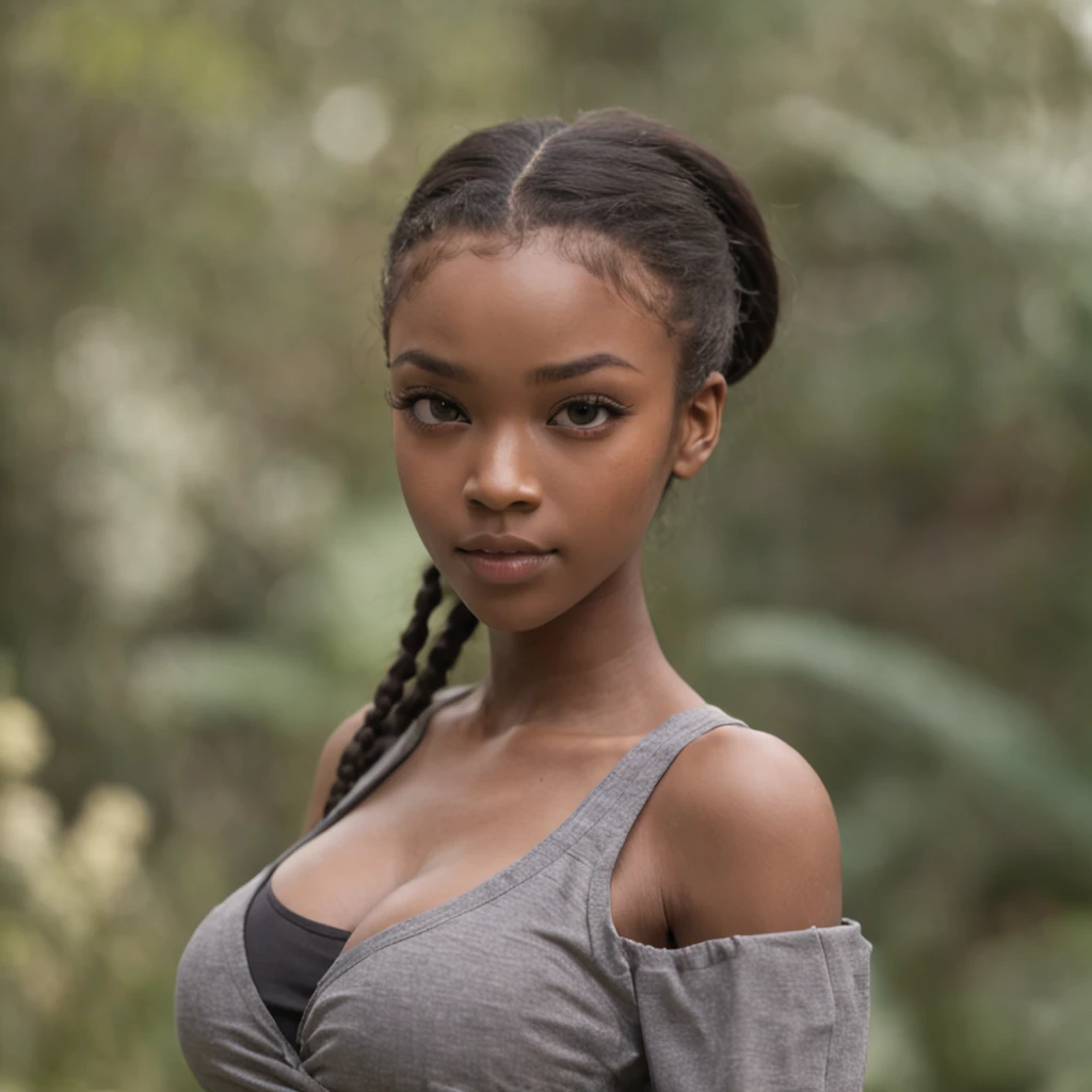 best quality, high detail, (detailed face), detailed eyes,((best quality, masterpiece)), ((2 caramel skinned African girl)), school uniform, (arms at side:1.2), groin,big hip bones, ponytail, black hair, (((underboob))), standing, outdoors, looking at viewer,