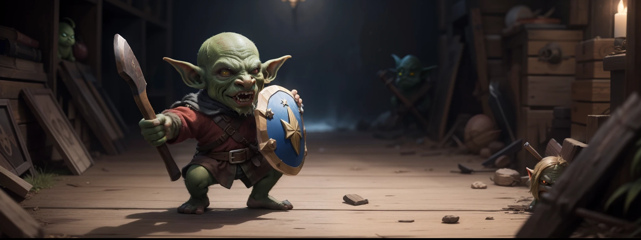 A very powerful goblin，the head is small，Hold the round wooden shield in your left hand，Holding a tomahawk in his right hand。tmasterpiece。best qualtiy。