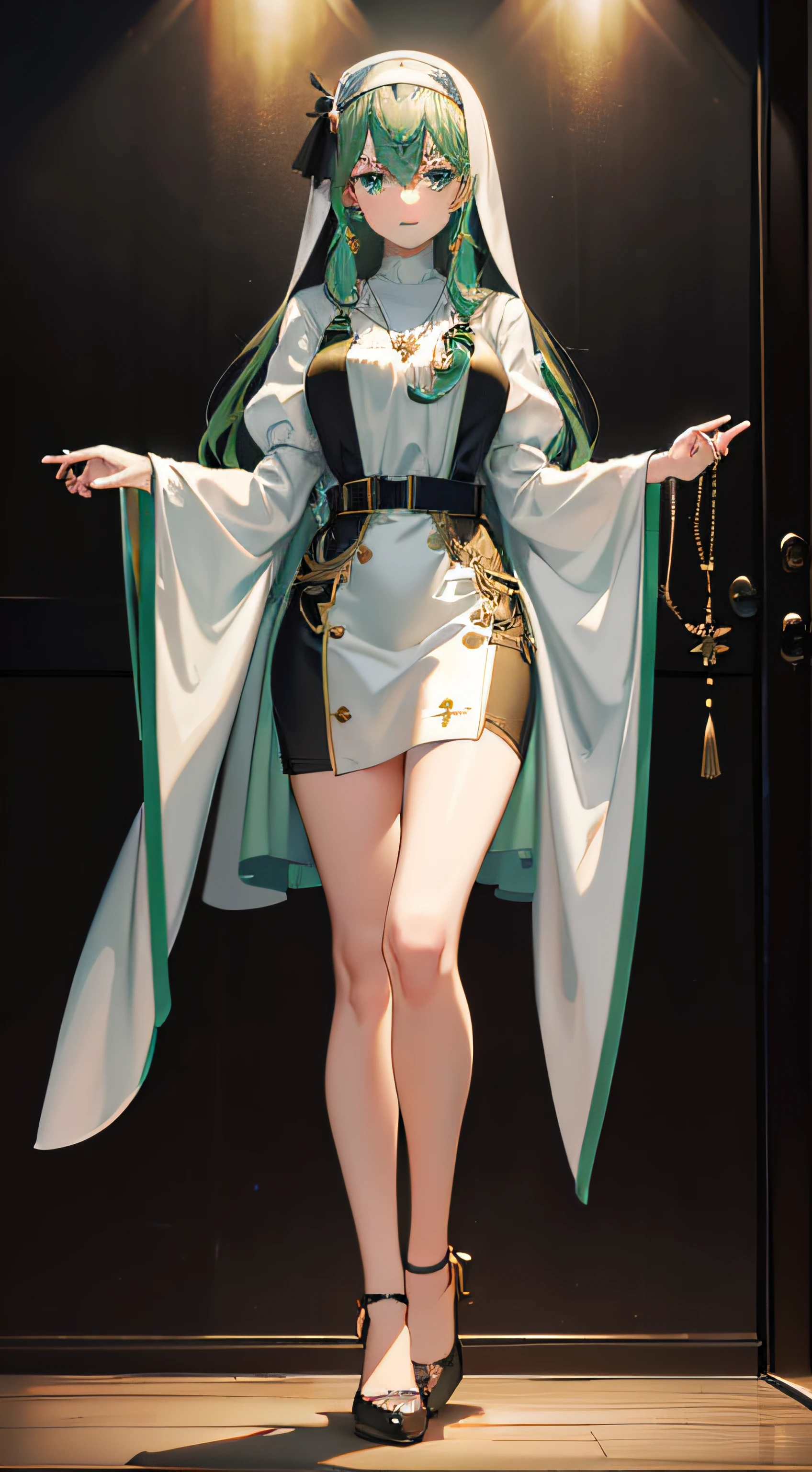 {best quality},{{masterpiece}},{solo},{highres}, original, extremely detailed 8K wallpaper, 1girl,Amazing,{an extremely delicate and beautiful},green eyes,green hair,white hair, very long hair, full body,breasts,light smile,gorgeous court dress, high heels, ribbon-trimmed sleeves, hair ribbon, hair ornament, necklace,looking at viewer,depthoffield, illustration, 10s, oil painting,painting,cinematic lighting,full body,{mature female},simple background,{standing},beautifly,pretty,nicetack,long legs,{nun gown},clumsy nun, froggy nun, earrings,shoes