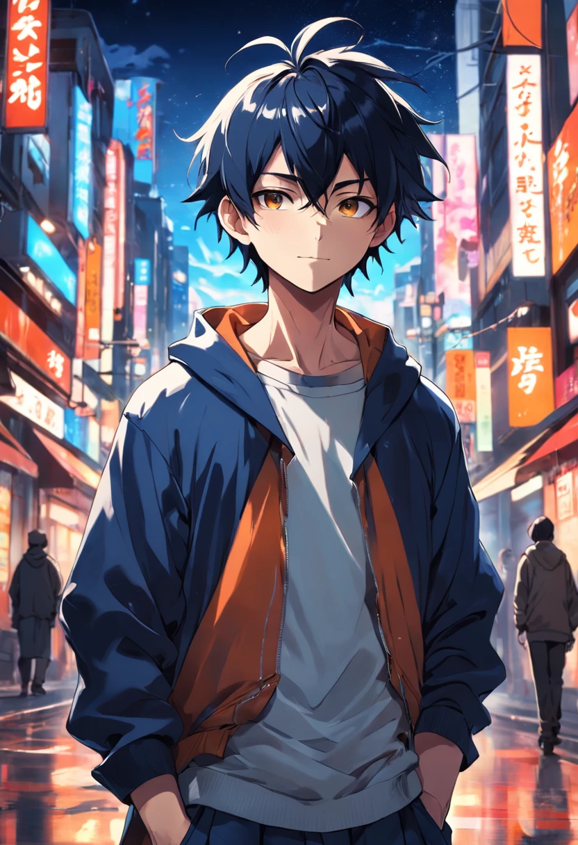 A boy, transformed into an anime style, with exaggerated unique facial features and clothing, standing on a bustling city street, backlit background highlighting the subject, high-contrast colors, 4K high-definition quality,young, smiling, handsome