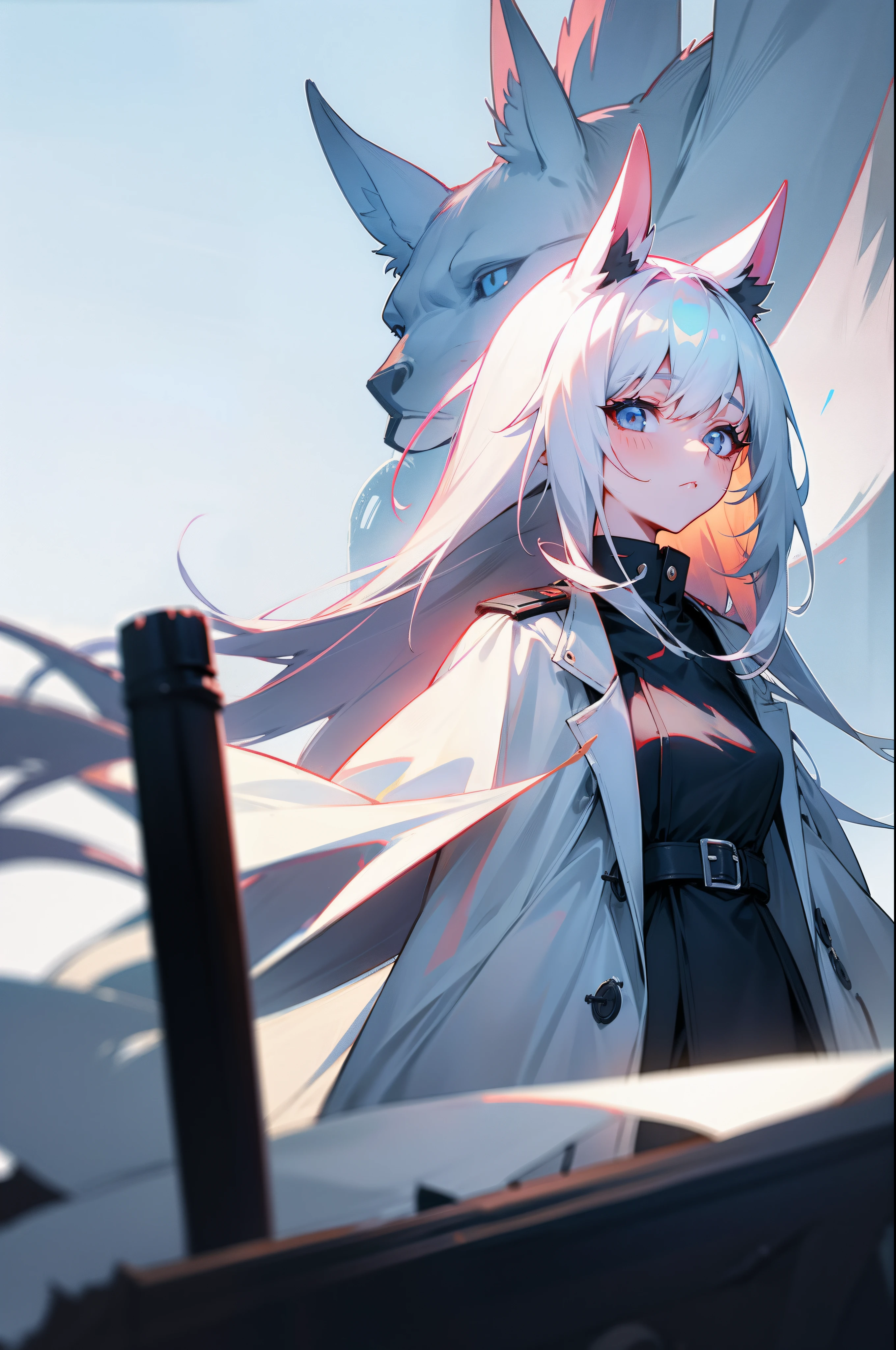 Fox girl,white color hair,apathy,a black trench coat,Overlooking,frontage,horse tailed