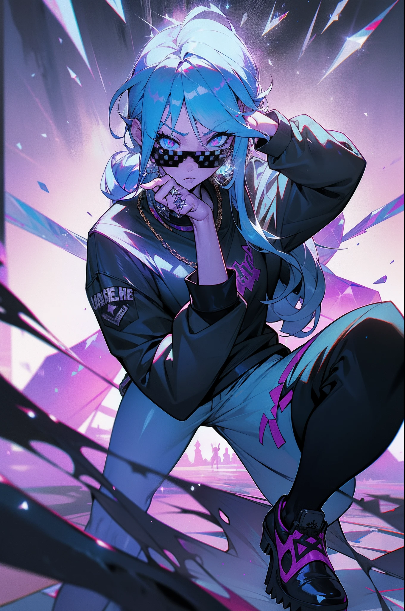 "Hardcore, ruthless, macabre, badass ice queen girl rapper with an intimidating and arrogant aura. She hails from the ghettos, representing the ice-cold gangsta culture of the West Coast. Her hair is adorned with icy crystal accents, and she rocks a baggy, saggy hip hop attire. Strike a pose with hip hop stances."