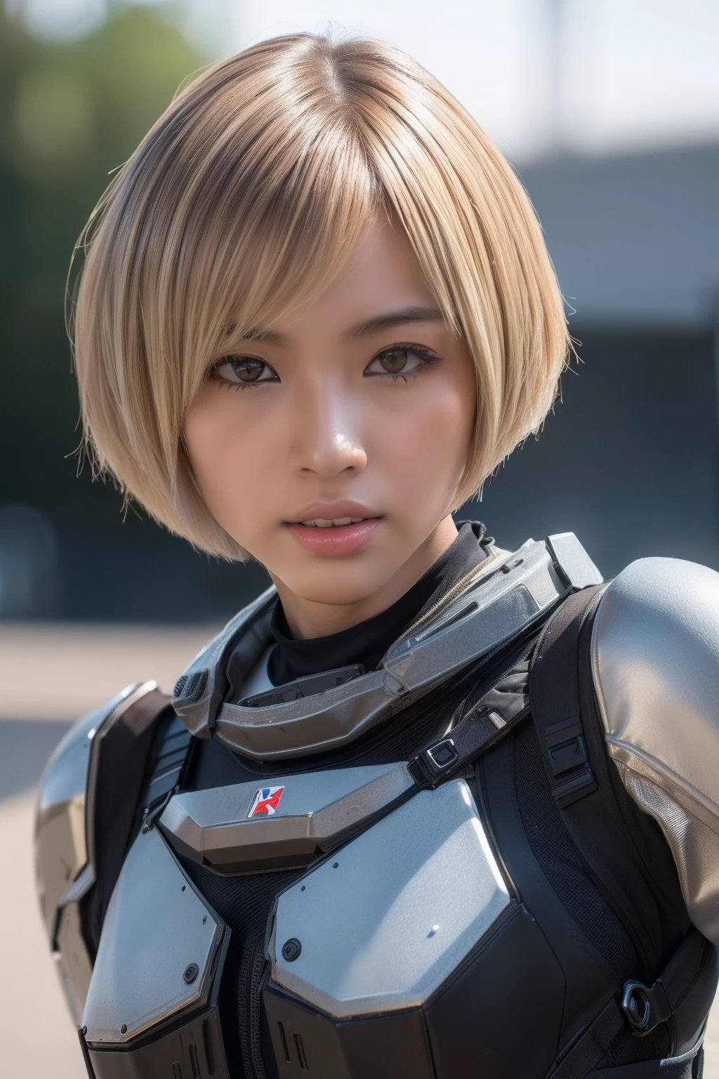 (masutepiece, top-quality:1.3), (Ultra detailed 8K cg:1.2), (hyper realisitic:1.35), (Photorealistic:1.45), (Realistic:1.4), 1 beautiful Japanese girl, (a blond:1.2), (Very short hair:1.2), (Tanned skin:1.5), Black Gal, flat chest, (gal make:1.3), Dynamic lighting, Dynamic Pose, combat suit, military helmet, Have an M4 assault rifle, Destroyed city,