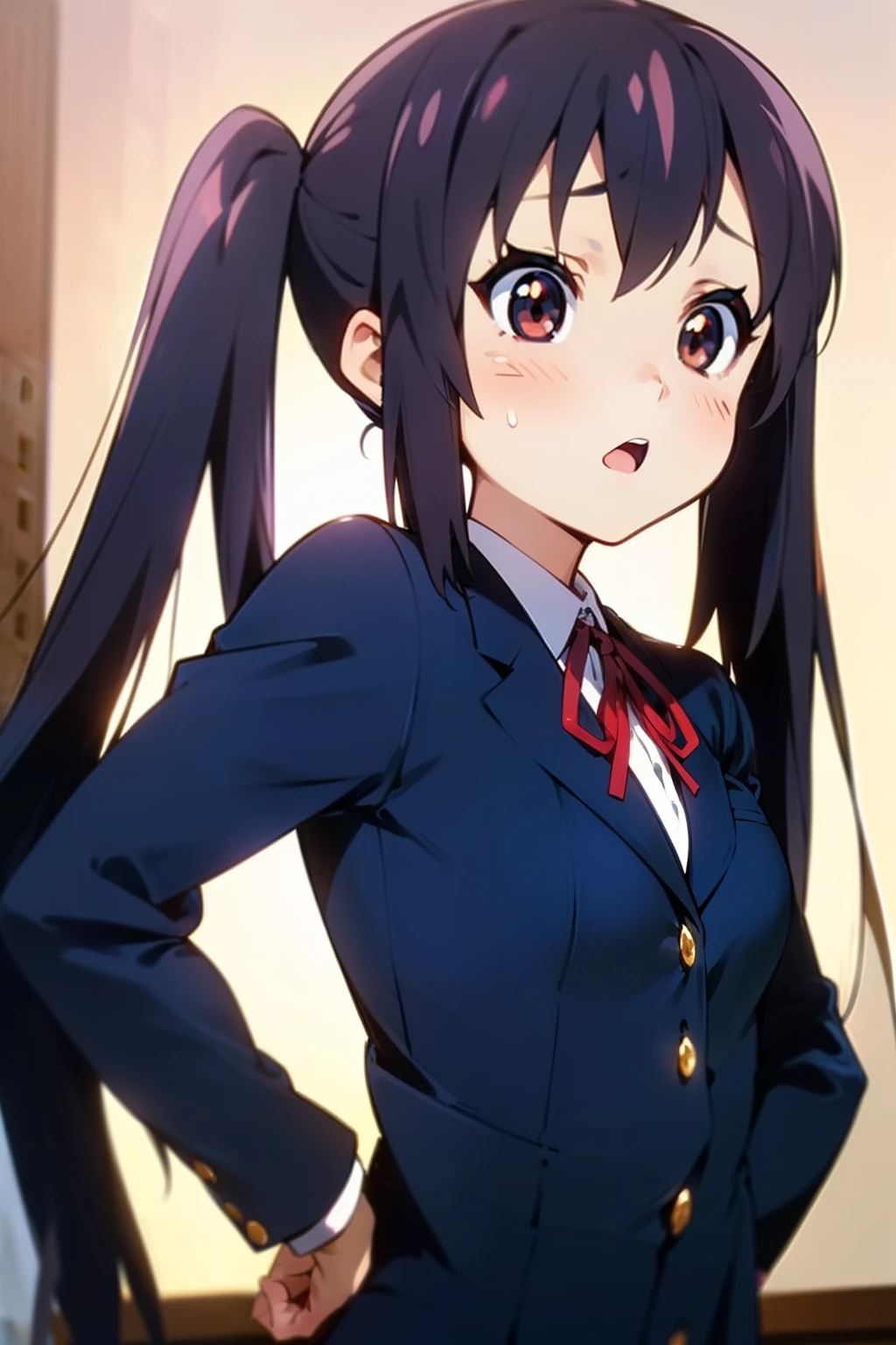 1girl, (((masterpiece))), highest quality, best quality, high detail, nakano azusa, 1girl, sakuragaoka high school uniform, school uniform, twintails, long hair, black hair, brown eyes, solo, red , a navy blue blazer with red narrow ribbon, a solid white buttoned shirt under the blazer, illustration, cartoon, soothing tones, calm colors, soft cinematic light, adobe lightroom, photolab, hdr, intricate, highly detailed, ((((depth of field)))). (((takeout))).dynamic focus.((big breasts)).(((Skyscrapers))).(((A city scape))).(((Face of sadness))). open mouth.(((put hands on the hip))).(((up chest))).((evening glow)).((the setting sun)).