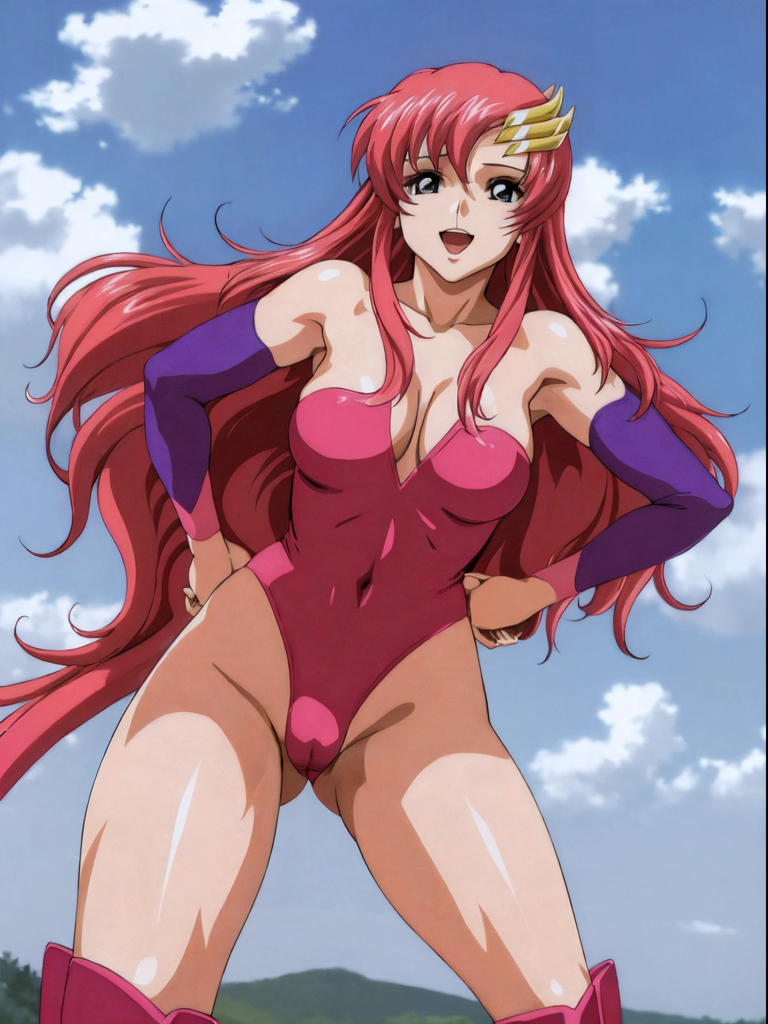 (masterpiece, 4K, Best Quality, Anime style: 1.9, bold drawing lines, High color saturation, Detailed face, tall, Adult Woman, lovely, (cloud background), Drawing lines, high resolution, Anime, lacus4), 1girl in, Solo, curvy figure, Long hair, 鎖骨, scapular, Wavy Hair, Detailed wide hair bangs, Hair Ornament, Detailed reddish-pink hair, cleavage, large hands, Big blue eyes, closed mouth, (cute Smile), ((closed fists)), (laughing, open mouth), ((medium breasts)), ((pink strapless wrestling leotard only, one piece wrestling attire), (wrestling long boots), bare thighs, groin lines, strong arms, biceps, rib lines, ((lean forward)), legs, standing, (hands on hips), happy, bare shoulders, (navel), pink elbow pads, (bare stomach)