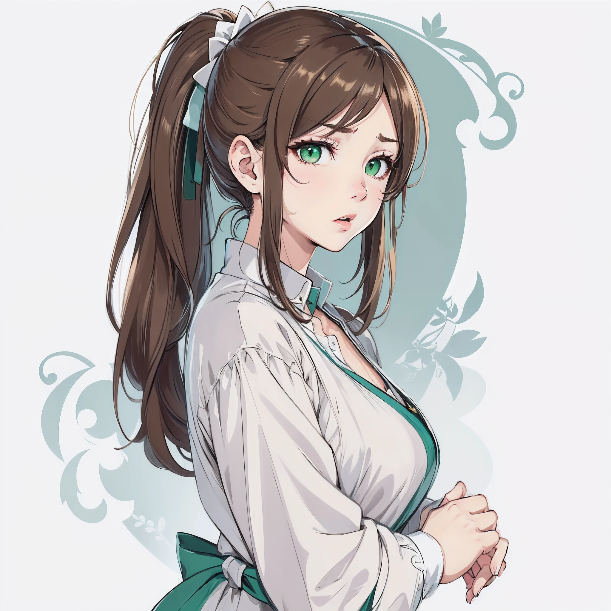 Troubled look、Green eyes、Prone eyes、closes mouth、The corners of the mouth are lowered