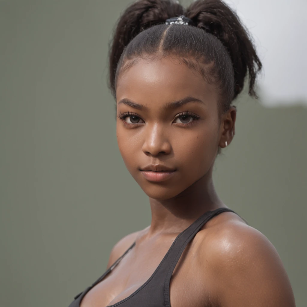 best quality, high detail, (detailed face), detailed eyes,((best quality, masterpiece)), ((2 caramel skinned African girl)), school uniform, (arms at side:1.2), groin,big hip bones, ponytail, black hair, (((underboob))), standing, outdoors, looking at viewer,