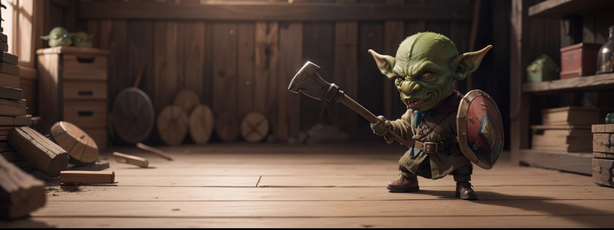 A very powerful goblin，the head is small，Hold the round wooden shield in your left hand，Holding a tomahawk in his right hand。tmasterpiece。best qualtiy。