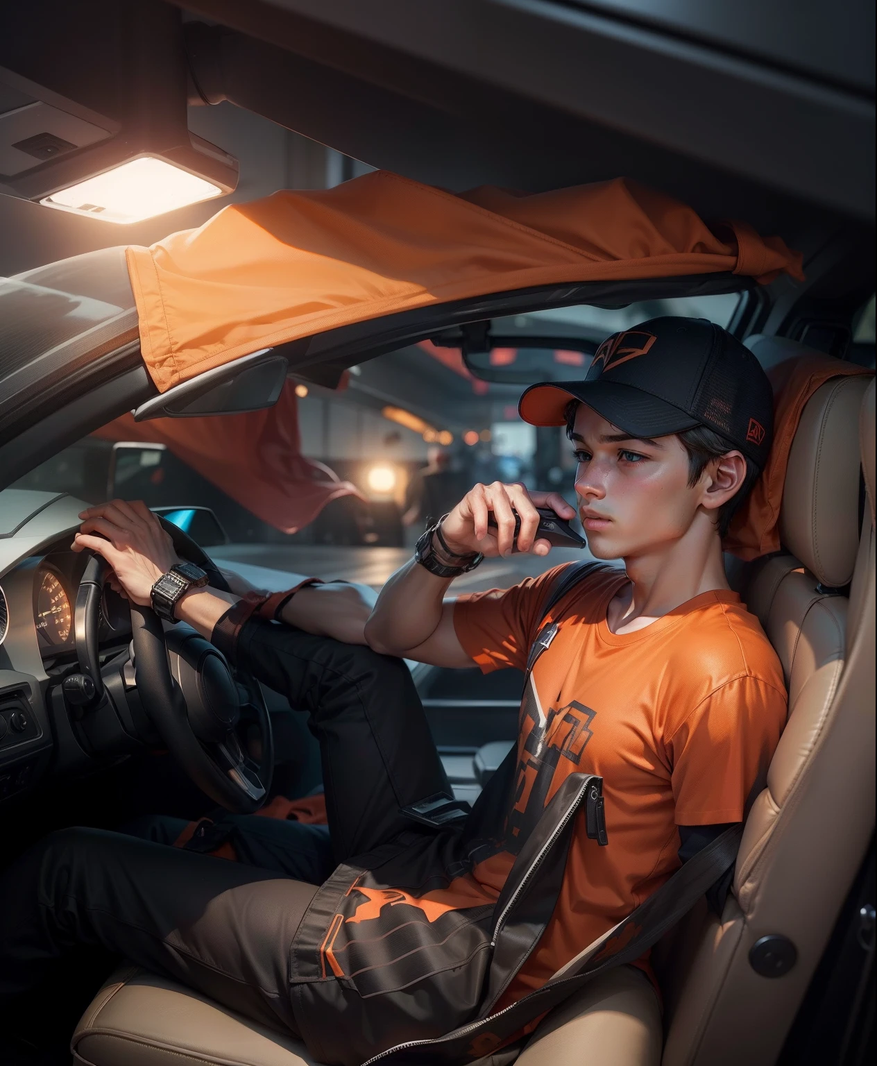 Boy,realistic face,ultra realistic,4k,clear original face, just orange shirt,in v1 black cap,original face,all things are same as in the picture