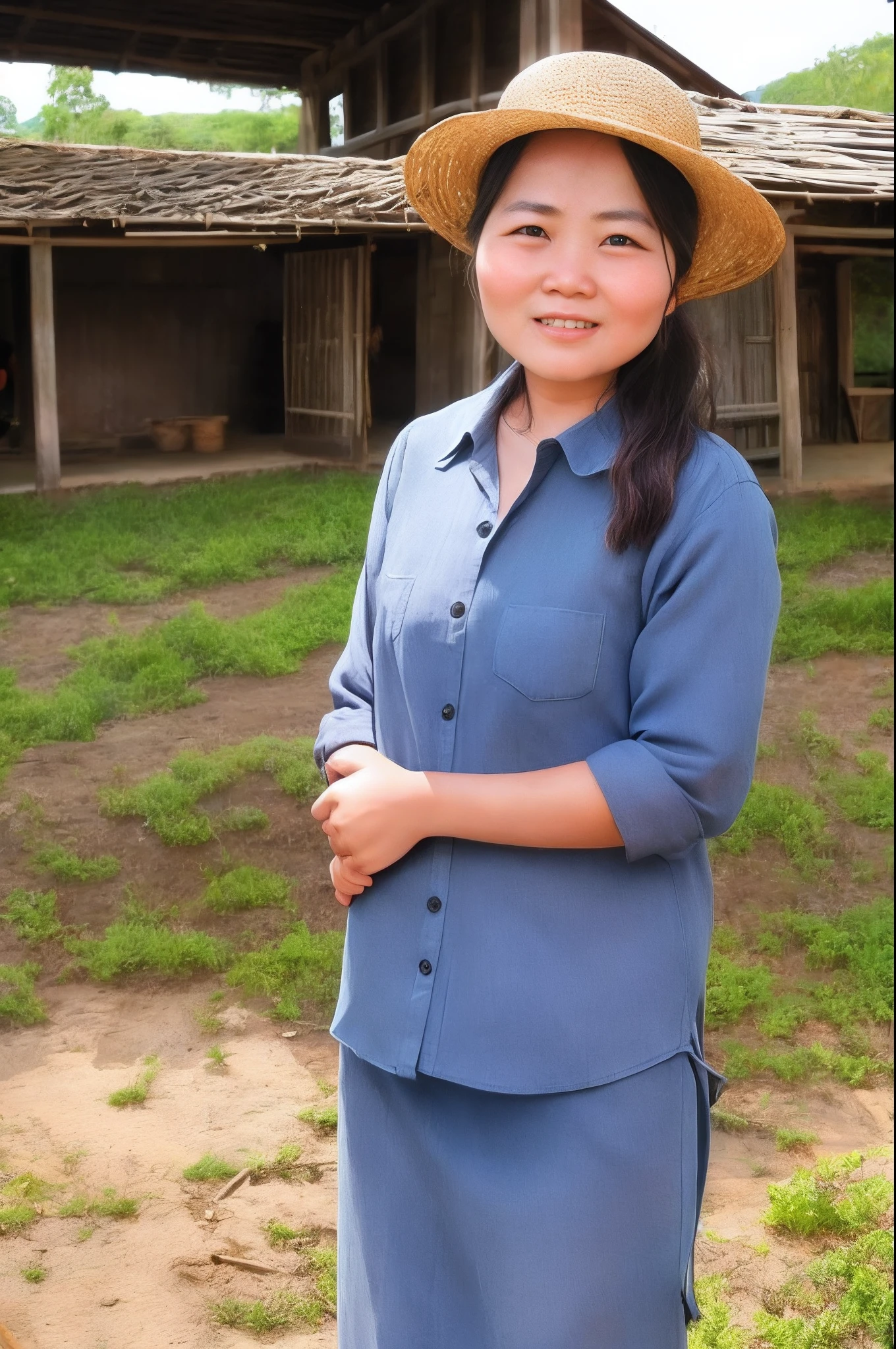 In between farm work、Patch Shirt、Mongpe、country、Woman posing in front of barn、one people、Suppin、no-makeup、Fat、Small face