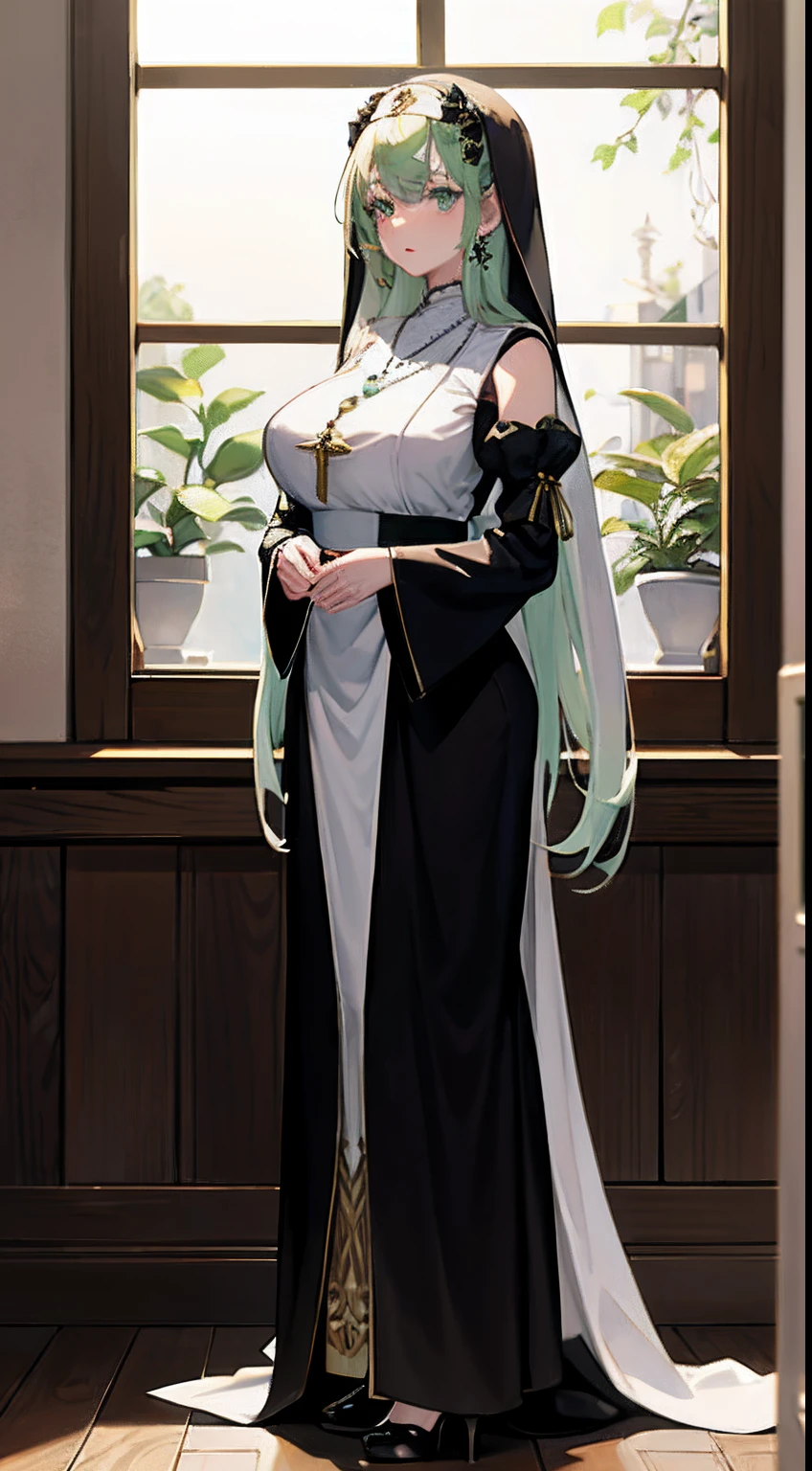 {best quality},{{masterpiece}},{solo},{highres}, original, extremely detailed 8K wallpaper, 1girl,Amazing,{an extremely delicate and beautiful},green eyes,green hair,white hair, very long hair, huge breasts,light smile,gorgeous court dress, high heels, ribbon-trimmed sleeves, hair ribbon, hair ornament, necklace,looking at viewer,depthoffield, illustration, 10s, oil painting,painting,cinematic lighting,full body,{mature female},simple background,{standing},beautifly,pretty,nicetack,long legs,{nun gown},clumsy nun, froggy nun, earrings,shoes,