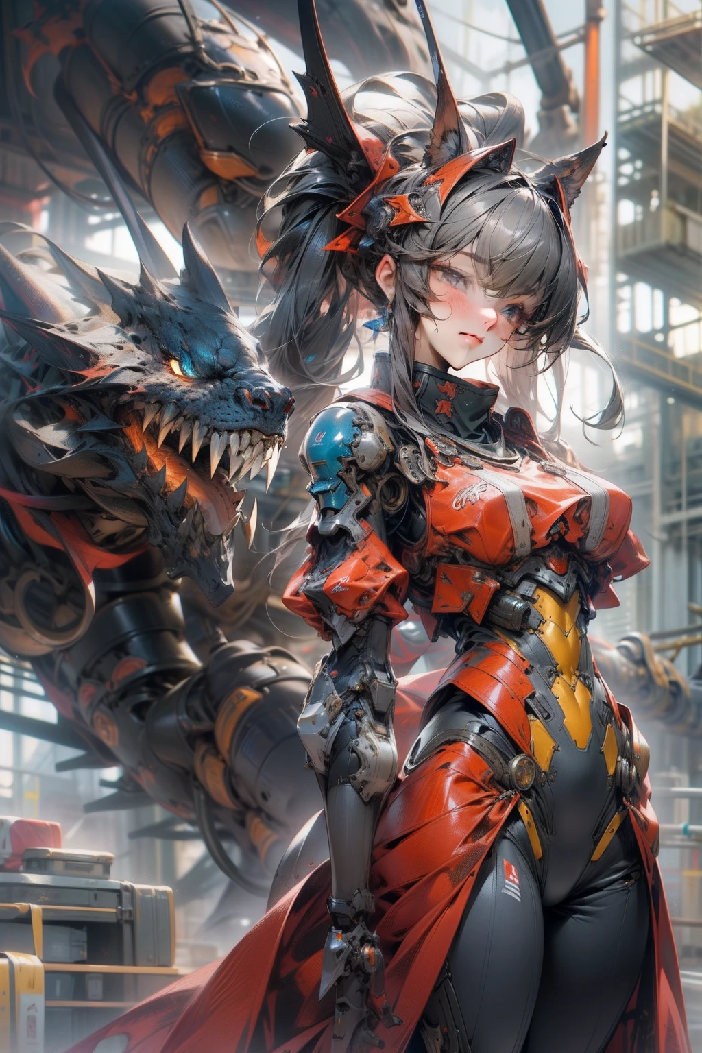 Dragon ear, at night,huge and complex technical background,(masterpiece),(detailed),(intricate details),(realistic, photo-realistic:1.1),i1girl,solo,(full body:1.0),blue fire,gear,giant robot,machine,damage armor,glove,machinery suit,(machinery boots),Mecha,science fit,updo,wearing mechanical equipment,nice ,Standing posture of model,Twist your body slightly,(Tall and elegant,slender figure:1.4),Dragon ear ,Dance posture,Sexy posture,Tall and elegant,Metal Takazawa,Gorgeous,Science Filament,(Red and black color case:1.0), (masterpiece, best quality, high quality, highres, ultra-detailed),