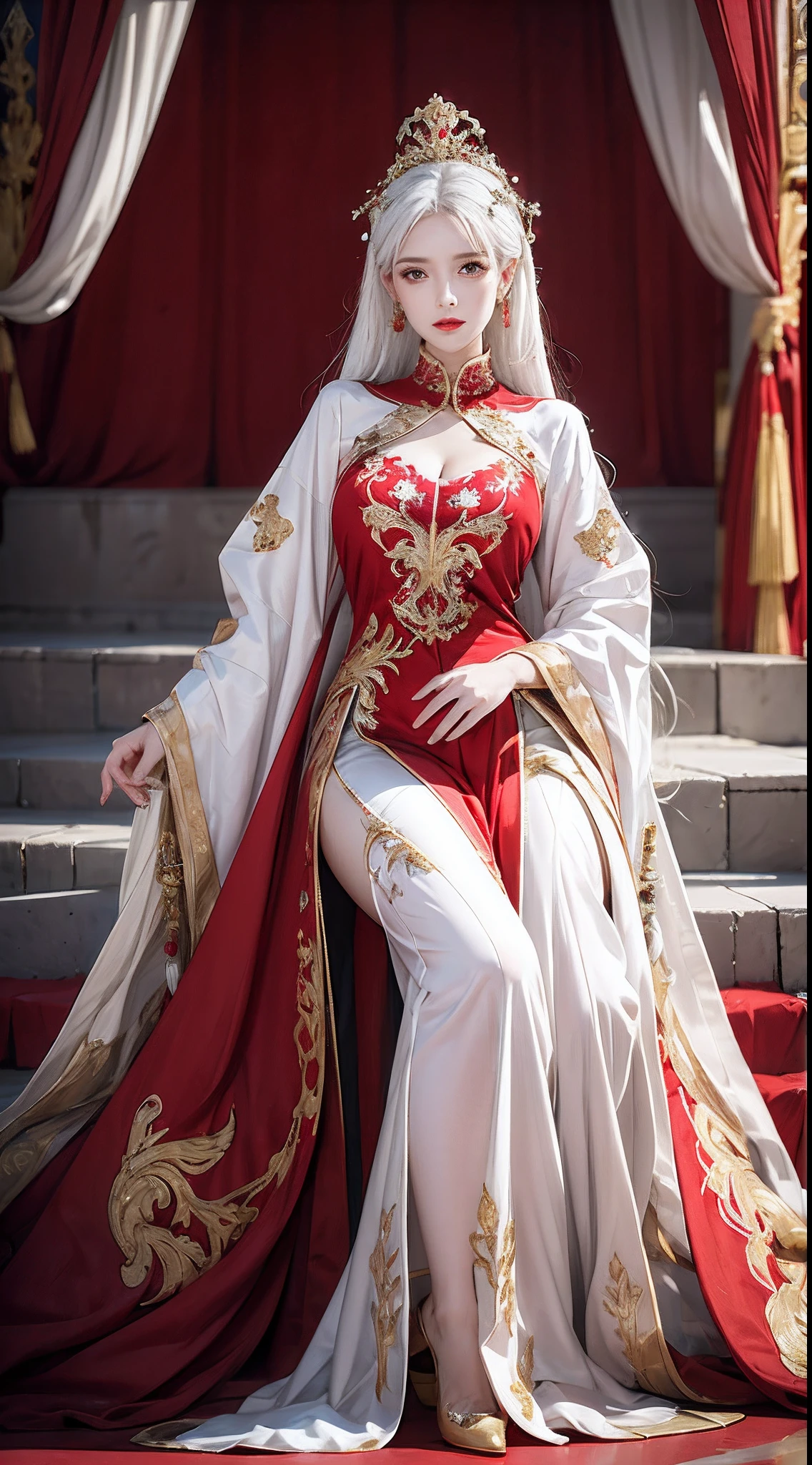 Photorealistic, high resolution, 1 woman, Hips up, Beautiful eyes, White hair, Long hair, tattoo, jewelry, ringed eyes, red and gold dress, tiara, kneeling