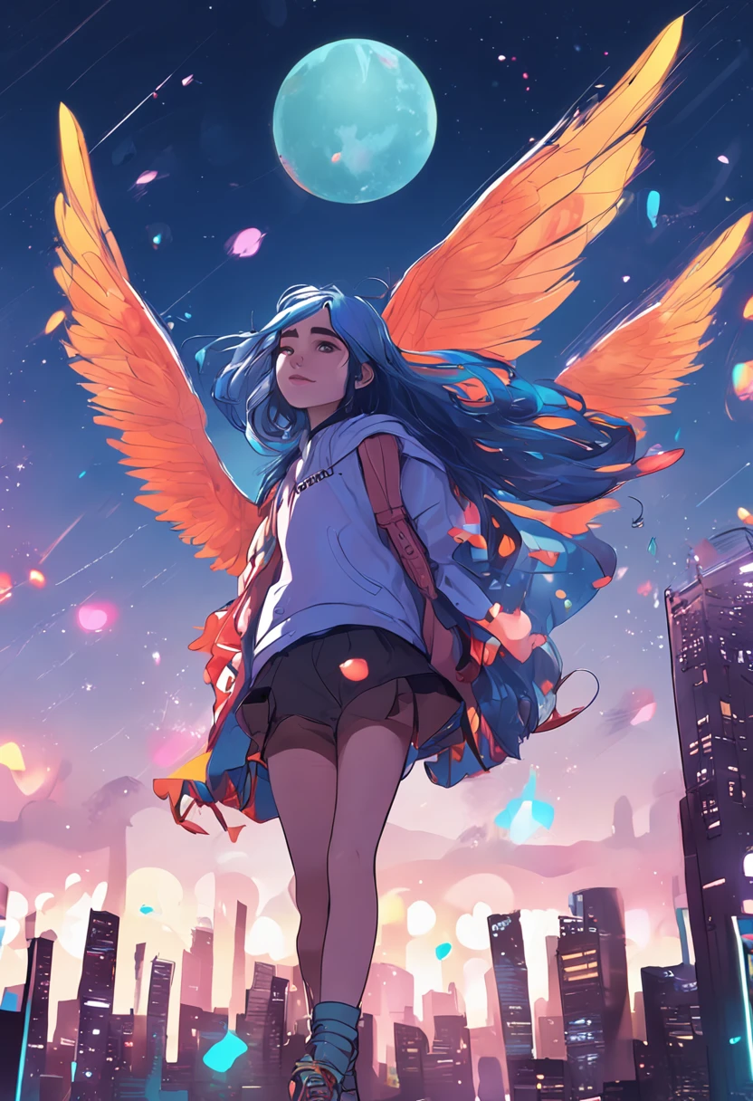 "Image quality: 8K (Best quality scales: 1.2), Artistic style: Realistic, Realistic factor: 1.37, Clarity: hyper HD, subject:1 girl flying over stunning cityscapes ,Hoodie,Blue hair, neon color shooting stars, Very long hair, cropped shoulders, feathers hair ornament, Neon colors, twinkle, stunning night sky, Teenage girl (16 years old), Notable features: Pleasant smile, Closed mouth, Exquisite details, Cute nose, composition: full bodyesbian, damp hair, context: In the huge Dalsefo,, Attire: Snow white T-shirt, The wings of the angel are very detailed