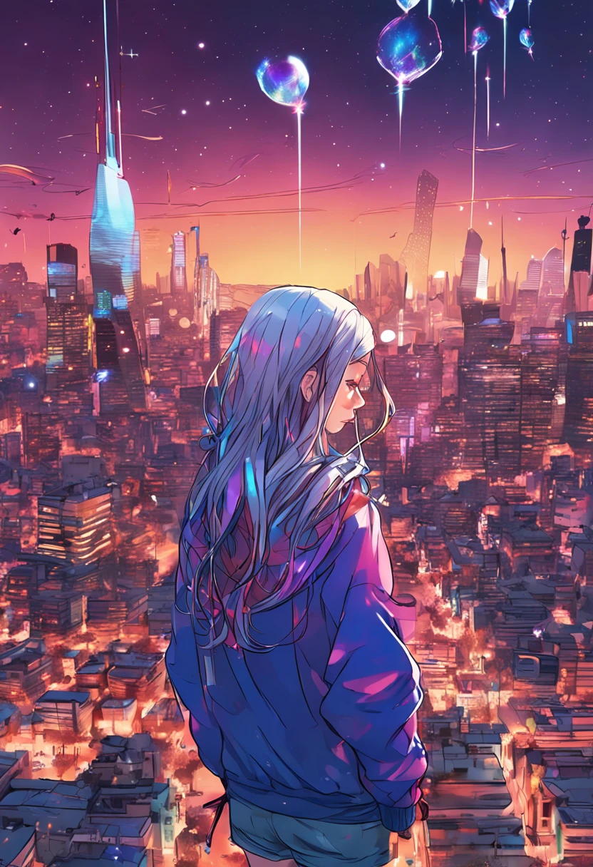 "Image quality: 8K (Best quality scales: 1.2), Artistic style: Realistic, Realistic factor: 1.37, Clarity: hyper HD, subject:1 girl flying over stunning cityscapes ,Hoodie,Blue hair, neon color shooting stars, Very long hair, cropped shoulders, feathers hair ornament, Neon colors, twinkle, stunning night sky, age girl (16 yotable features: Pleasant smile, Closed mouth, Exquisite details, Cute nose, composition: full bodyesbian, damp hair, context: In the huge Dalsefo,, Attire: Snow white T-shirt, The wings of the angel are very detailed