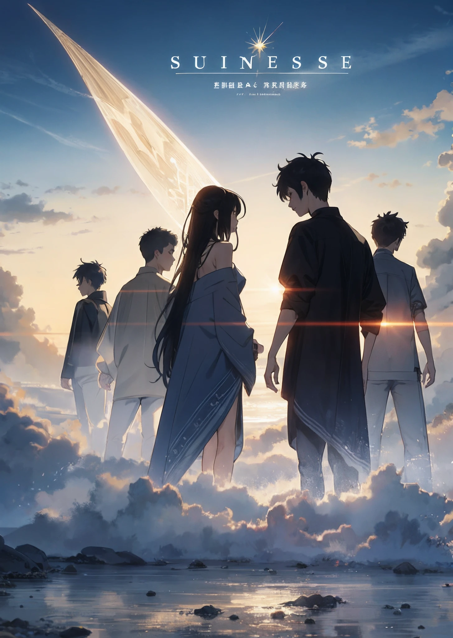 sunraise、multiple persons、high high quality、tmasterpiece、
grand master、Delicate back portrayal、4k画质、messy hair、Halo、long leges、One woman and five men、full bodyesbian、Extremely delicate、frilld、Extremely beautiful sky、Detailed light and shadow