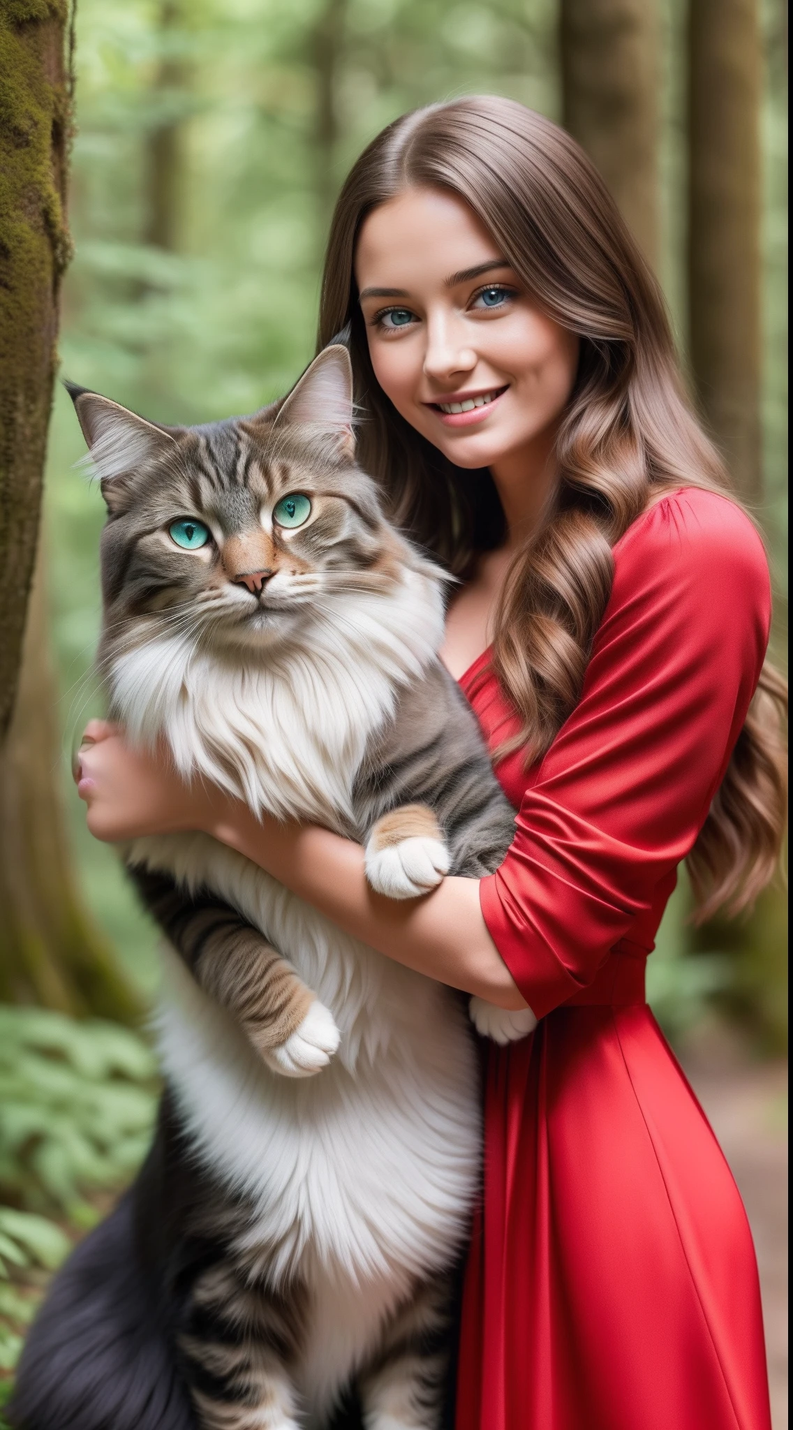 (Photo of a young woman with long hair and ocean blue eyes carrying in her arms a large tabby black Norwegian forest cat : 1.2) , (appareil photo Sony Alpha 1, Renowned for capturing exceptional details and vivid colors : 1.2), (paired with the Sony FE 50mm f lens / 1.8 for focused and complete shooting : 1.2), (The girl with the radiant smile and the perfectly symmetrical face : 1.1), (appareil photo Sony Alpha 1 capturant les textures complexes de ses cheveux et de son chat :1.2), (dressed in a perfectly fitted red dress :1.2), (Carrying in his arms a large Norwegian forest cat tabby black: 1.2), (cadre pittoresque et enchanteur un champ de fleurs: 1.1), (Sunlight casts a soft, ethereal glow : 1.3), (A feeling of joy and happiness evident in his bright smile : 1.3), (High-resolution photo ensures that every detail, the expression of the girl and her cat, is preserved : 1.3), cutscene, hyper detailed, crazy details, beautifully colored, Super-Resolution, Megapixel, Kinematic lightning, Post-traitement, insanely detailed and intricate, hyper maximaliste, hyper realistic, volumétique, photoréalistique, Ultra real photo, Ultra-detailed, Very detailed, 16K.