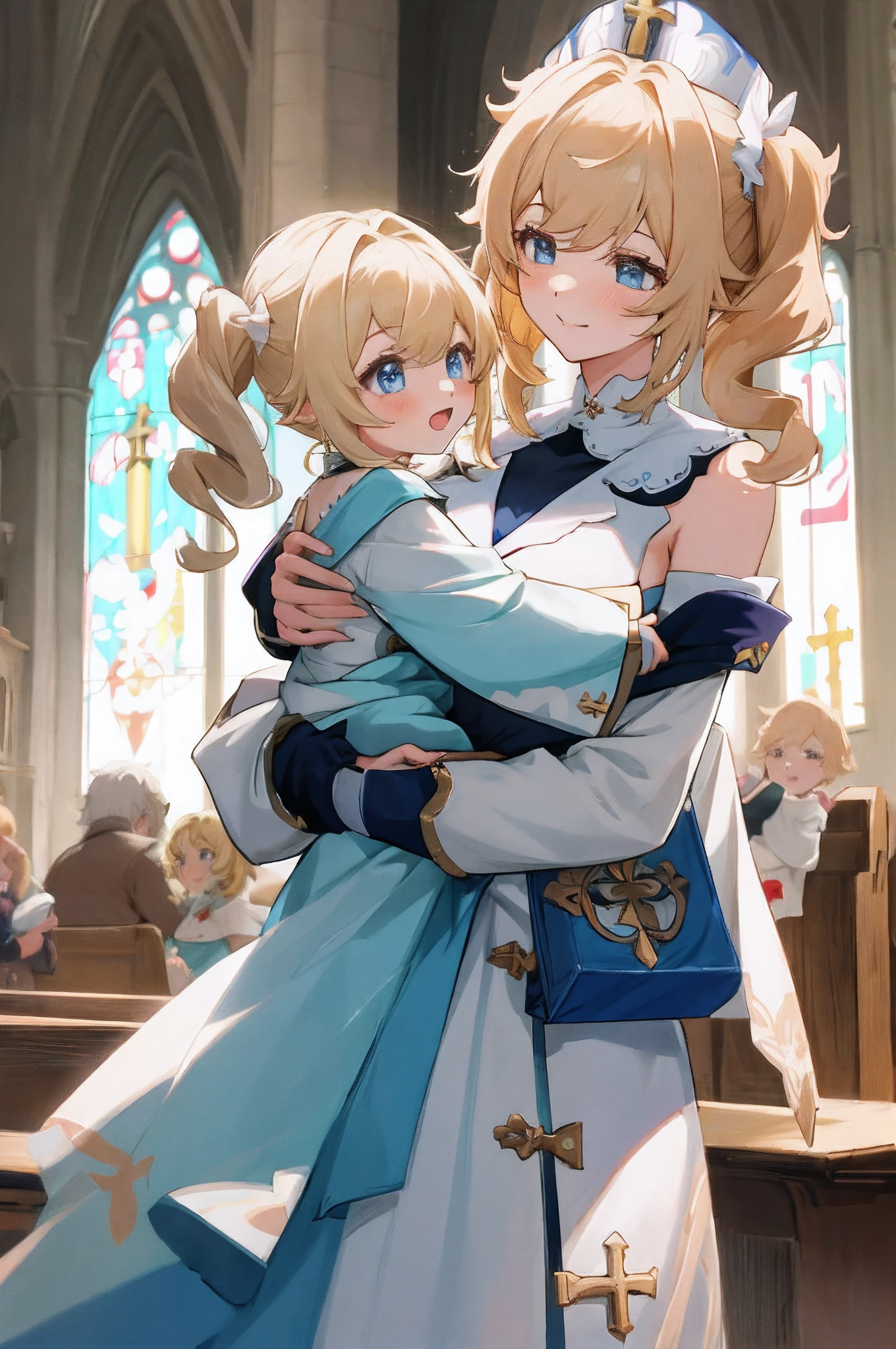 anime image of two women，medium hair, Barbar（genshin_impact），a Curly Blonde Ponytails, a girl in church, church background，anime fantasy illustration, , genshin, two beautiful anime girls, mother and child, symbol of maternal love, happy, mother and child, such as photos of mother and child, mother and child playing together，the child is running