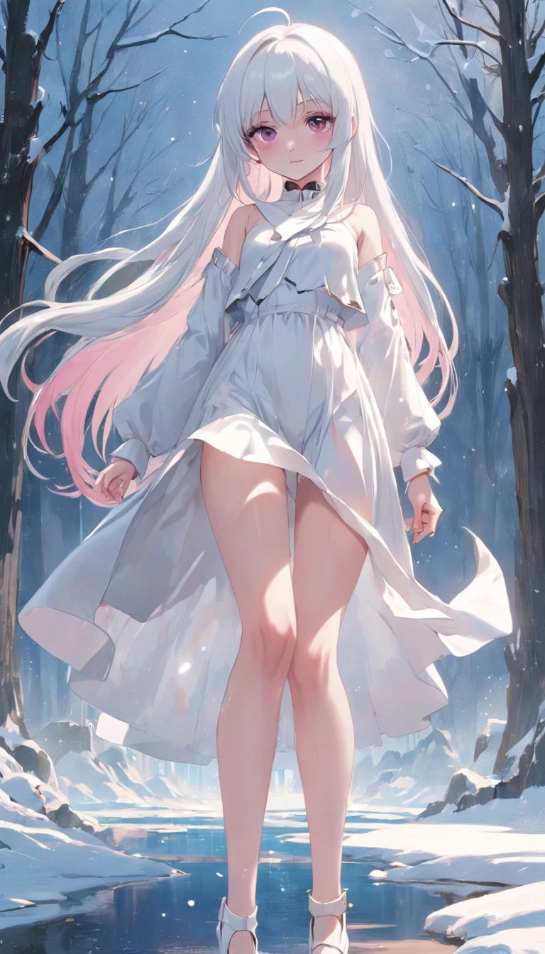long snow-white hair,Eight bangs,teens girl,quadratic element,Gentleness,pure,ellegance,Green,Pink eyes,18year old,Poor milk,long legs in white silk,Straight legs,Thin leg,plain white long dress,2D city background,White heels,Pink eyes,flat-chest ,Dignified,Pointed face,Type A chest,High School Seniors,starrysky,rays of moonlight,boy and girl,Friendly smile