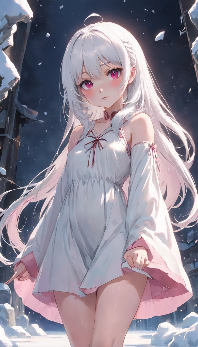 long snow-white hair，Eight bangs，s girl，quadratic element，Gentleness，pure，ellegance，Green，Pink eyes，18year old，Poor milk，long legs in white silk，Straight legs，Thin leg，plain white long dress，2D city background，White heels，Pink eyes，flat-chest ，Dignified，Pointed face，Type A chest，High School Seniors，starrysky，rays of moonlight,boy and girl,Friendly smile