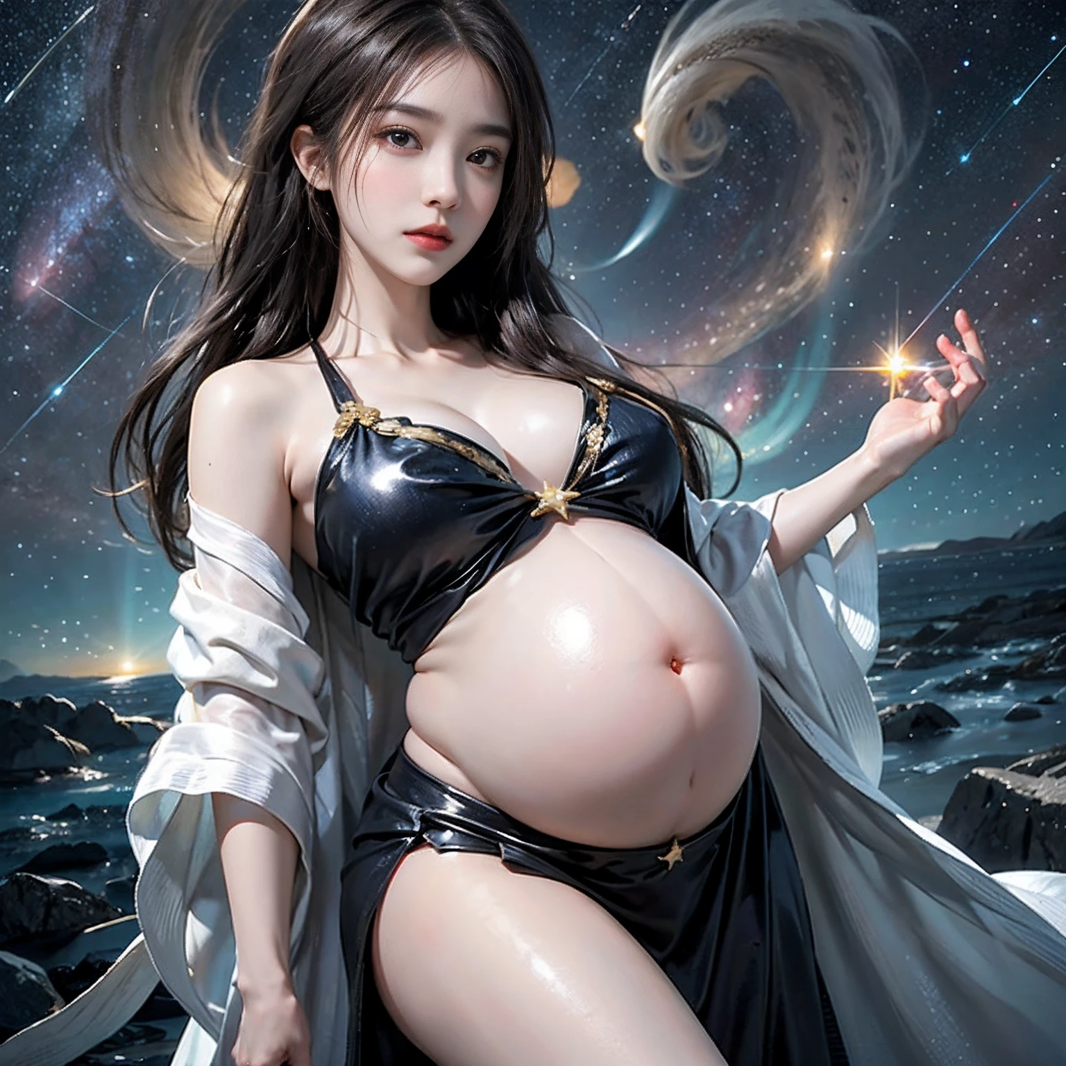 Under the deep and boundless cosmic starry sky，A goddess stood there，Her beauty and mystery are breathtaking。Her figure seemed so small in the starry night sky，But it exudes an indescribable grandeur。Her eyes sparkled like stars，Refracting the endless mysteries and beauty of the universe。 The goddess wore a tulle-like robe，the moonlight was shining on her body，Make her figure more dreamy。Her long hair flowed down her shoulders like a waterfall。。。。。。。。。，Sway gently with the wind，Like a river of stars rippling in the night sky。 Her hands gently raised a splendid planet。，It's like holding the entire galaxy in the palm of your hand。Her gaze traveled through time and space，Explore the endless mysteries of the universe。Around her，Countless meteors pierced the night sky，Like the hem of her skirt fluttering gently。 Against this magnificent backdrop，The face of the goddess is like the brightest star，Gentle and firm。She seems to control the life and death of the entire universe，But with compassion，Caring for all beings in the world。Her presence，Make the starry sky more captivating，Make the universe more mysterious。 Goddess of the universe under the stars，It represents the endless mysteries of the universe，It also carries the endless yearning of human beings。She is like a symbol of eternity，Always standing there，Guard the sea of stars。Large breasts,potbelly（Pregnant mom), Huge baby Bump pregnant Belly, Big Pregnant girl, Largest Belly of Pregnant, Huge Pregnancy, huge 9 months Pregnancy Belly, Huge pregnant belly girl