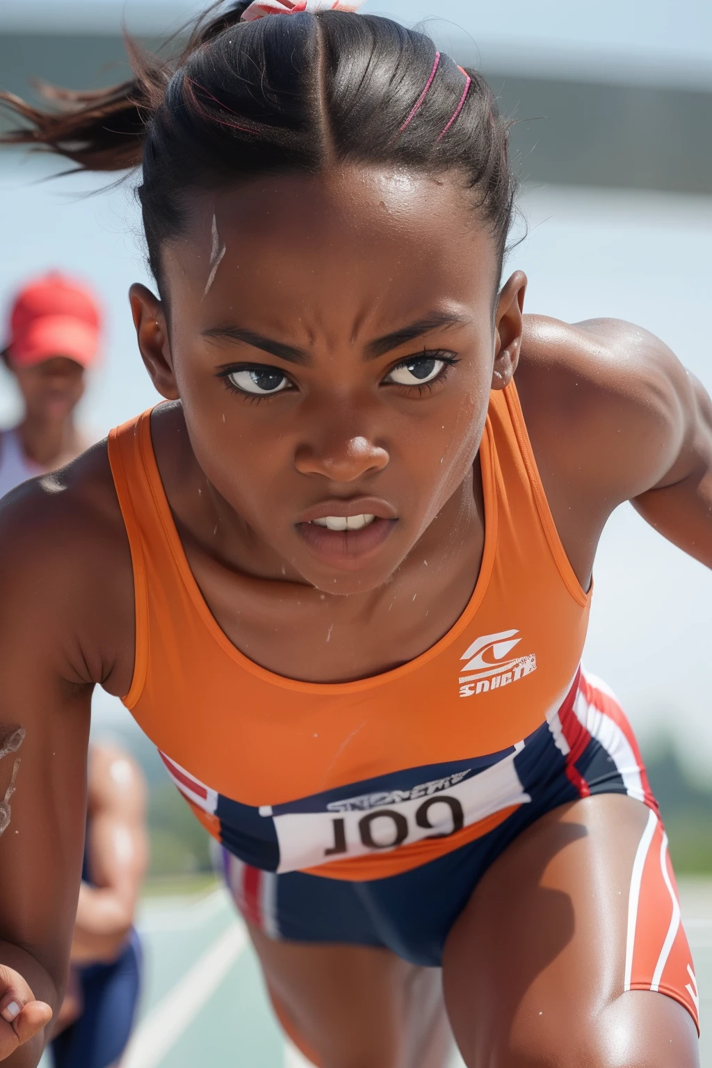 A close-up of a sprinter's face, contorted with effort as they push themselves to the limit during a race, beads of sweat flying off in all directions.
