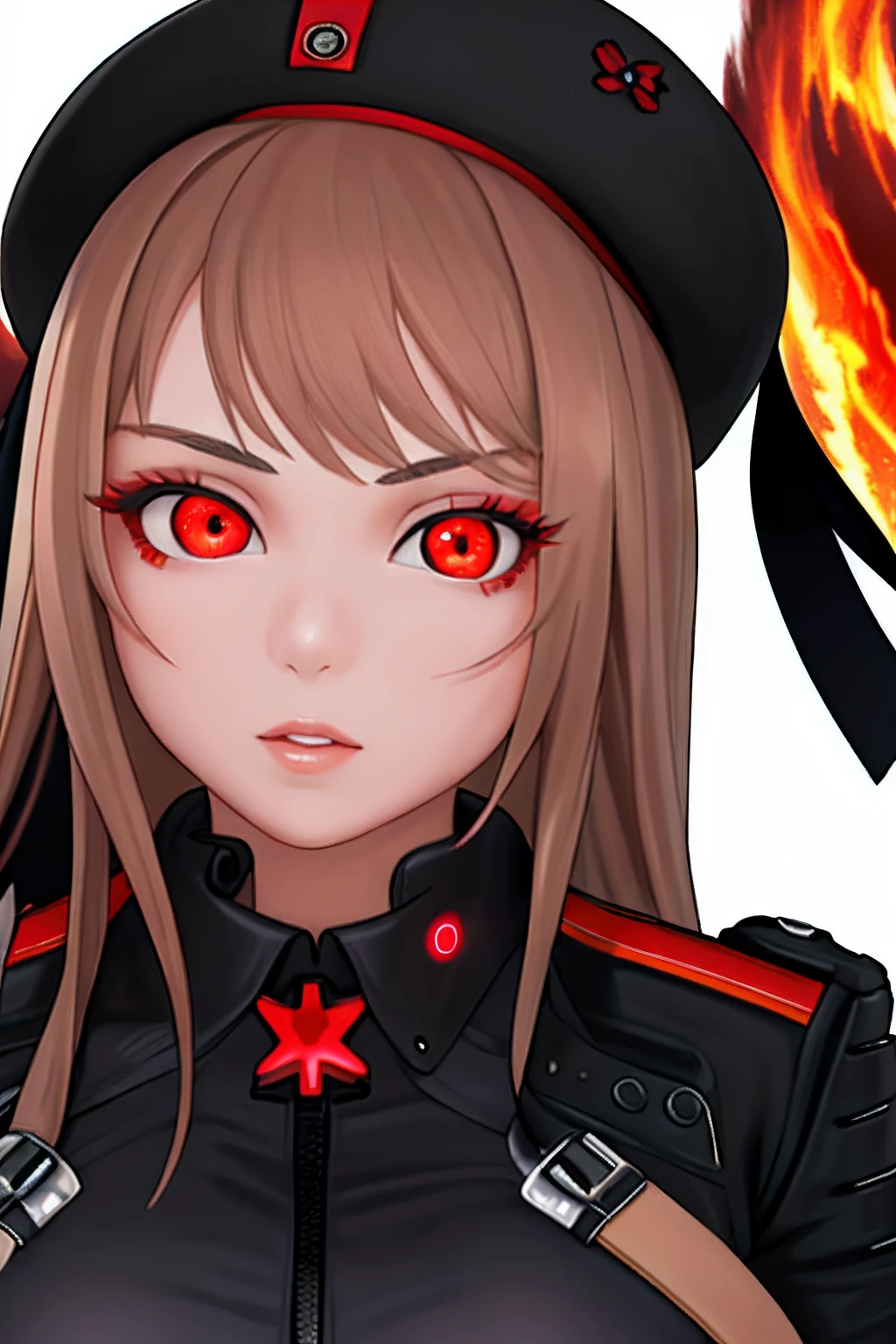 masterpiece, best quality, 1girl, solo, rapidef, rapi \(nikke\), close-up, upper body, parted lips, looking at viewer, glowing eyes, fire, red eyes