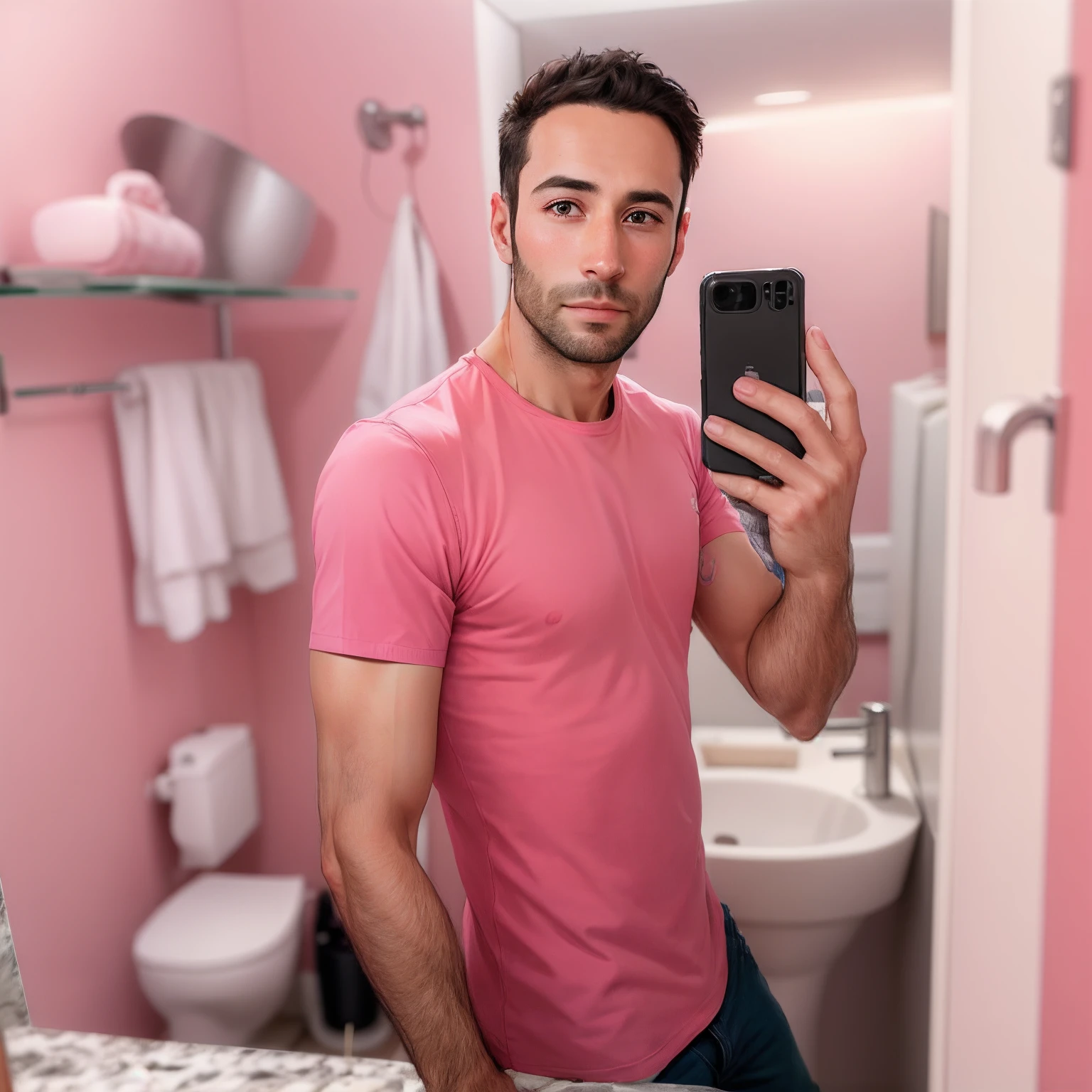 arafed man taking a selfie in a bathroom with a pink shirt on, sink and toilet, 3 , 3 6 years oldold, 30 year old man, 2 9 years old, profile p years old, profile image, 4 0 yn, 35 years old, 3 5 years old, 2 7 years old