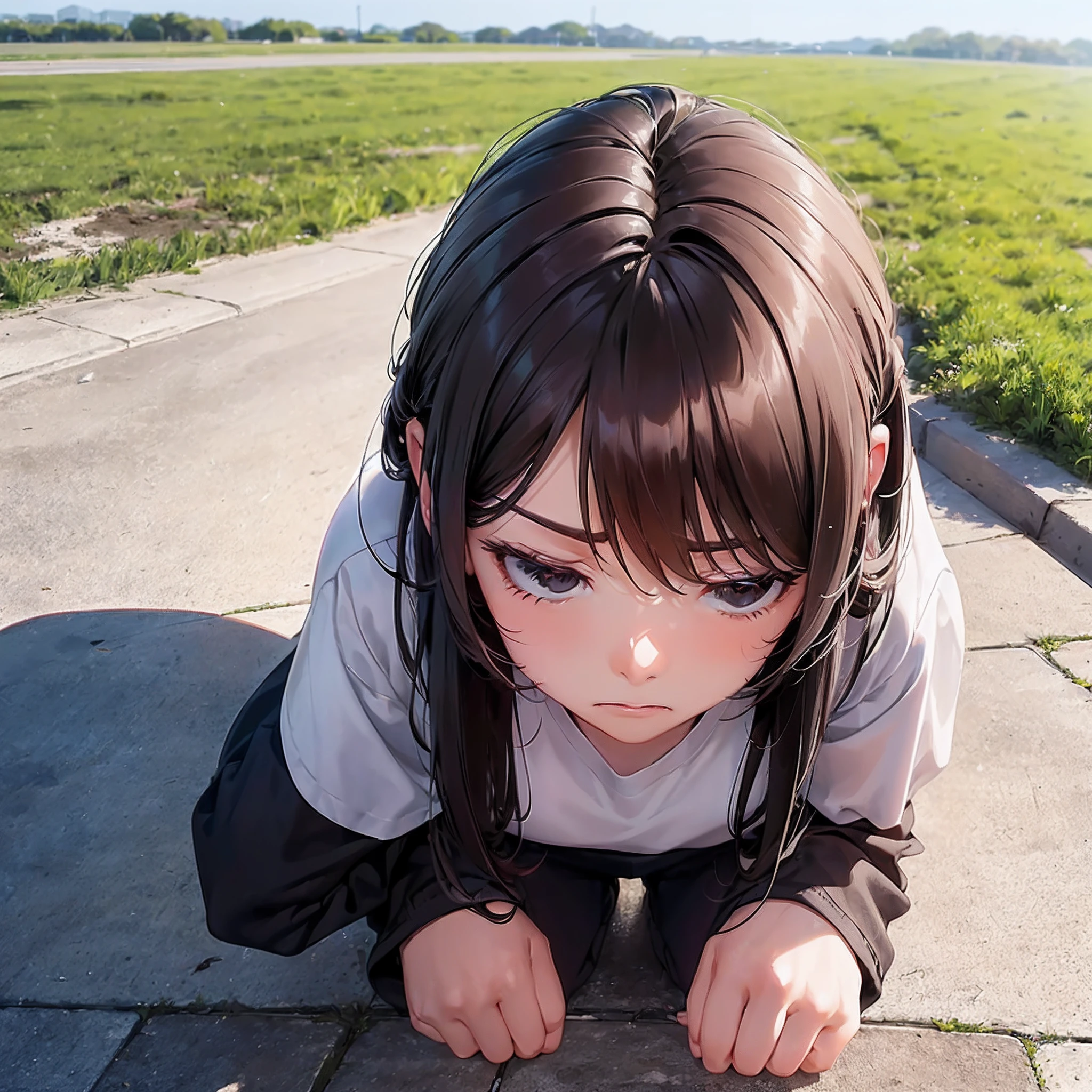 (kneeling down on the ground:1.3), (put head on the ground:1.3),(frustrated:1.2), angry,