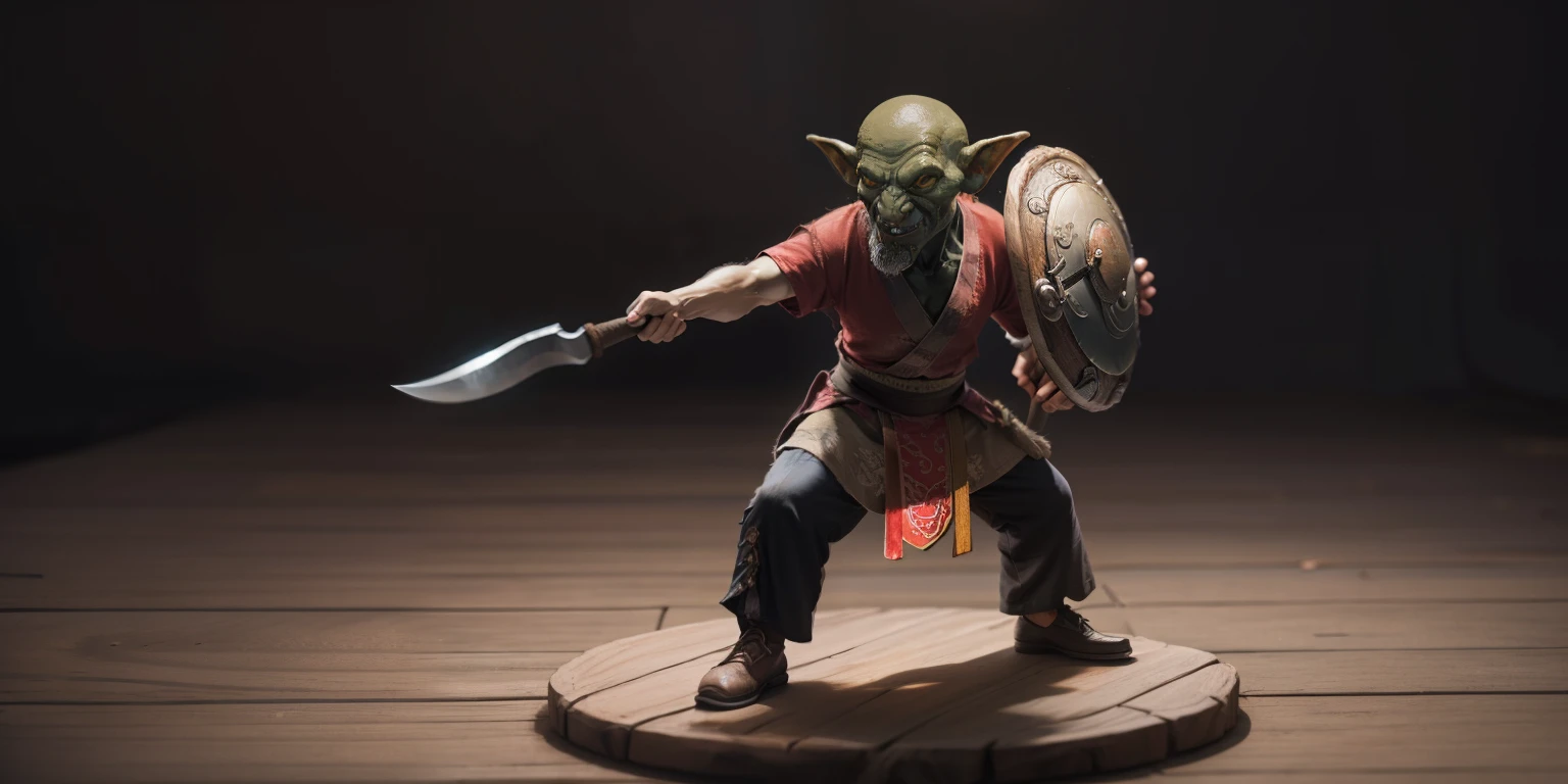 A kungfu goblin,the head is small,Hold the round wooden shield in your left hand,Holding a tomahawk in his right hand。tmasterpiece。best qualtiy。