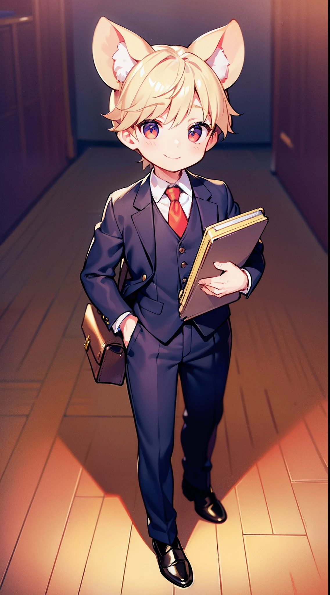 Little Mouse Boy, a happy, Smiling, first-grader, at the school, in a strict three-piece suit, with briefcase and flowers, Bamboo mouse ears, round face, Large silvery eyes, long eyelashes, blonde man, shingle, full body photographed, school classroom, Womanizer, Masterfully hugs a cute spectacular red-haired high school student