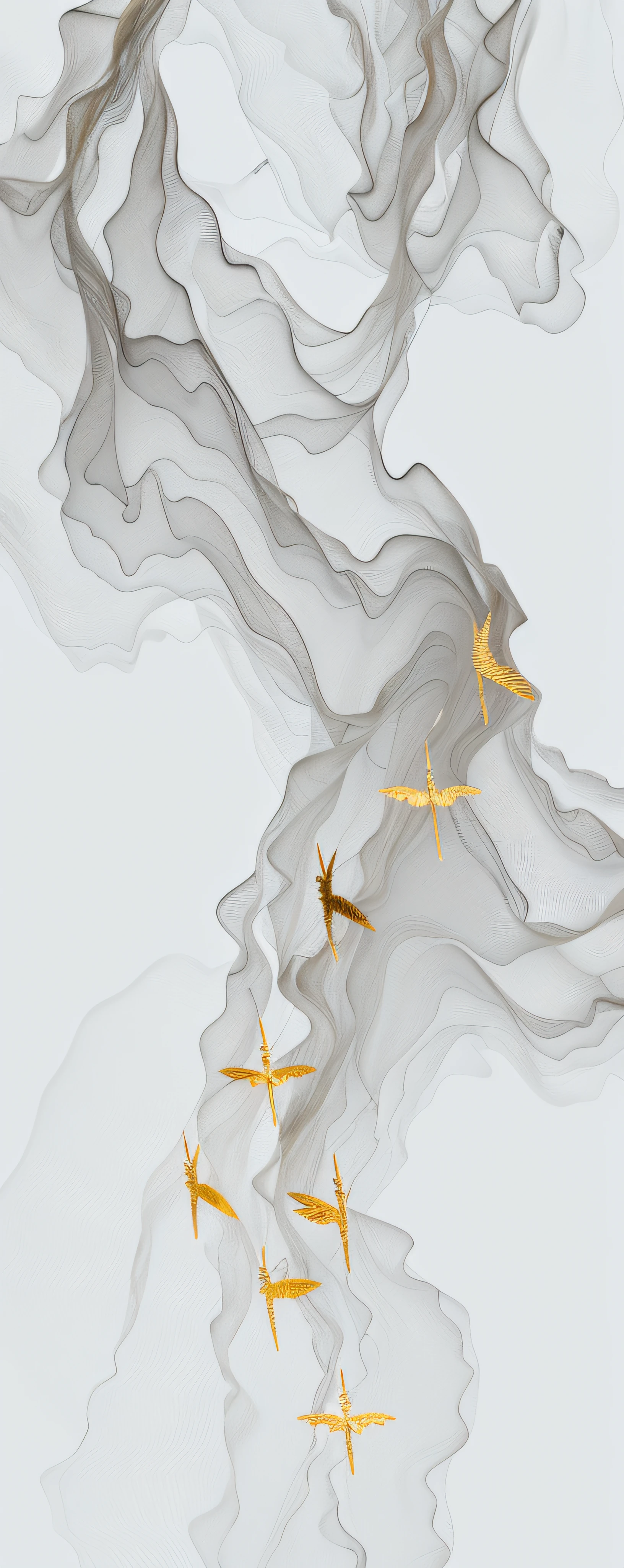 there are a lot of birds flying in the sky together, delicate detailing golden stroke, generative line art, abstract 3d rendering, golden organic structures, golden fish in water exoskeleton, Abstract illustration, marble and hint gold, Trio, flowing material, ethereal gold and silver tones, Highly detailed generative art, flowing forms, houdini algorithm generative art, exposed gold wires
