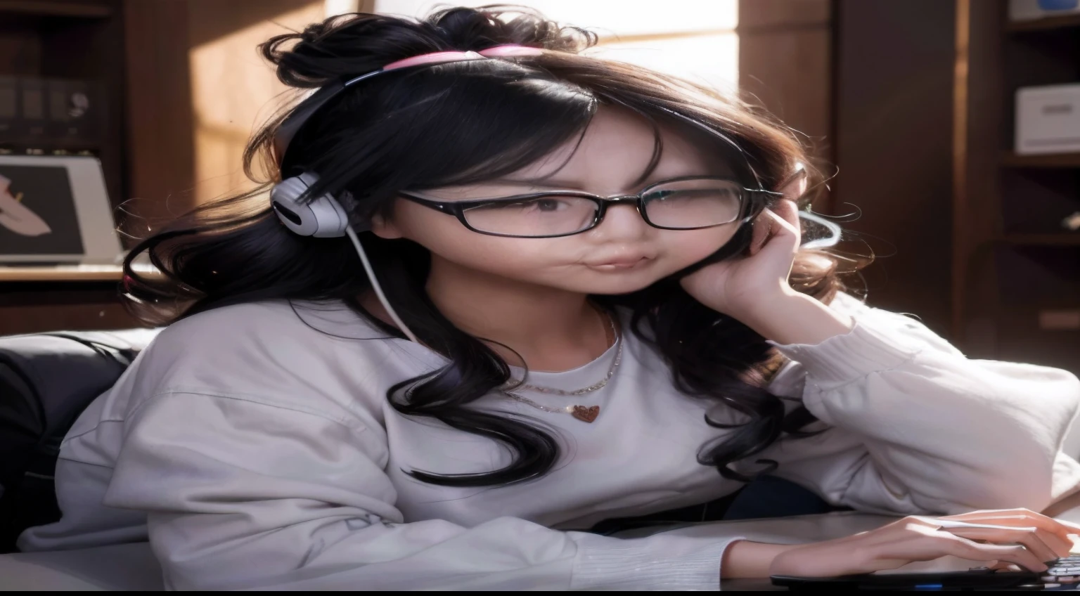 Arafeld asian woman wearing glasses and headphones using laptop, Guviz-style artwork, With glasses, high quality portrait, Realistic. Cheng Yi, wearing thin large round glasses, wavy long black hair and glasses, Realistic young anime girl, trending on cgstation, Kawaii realistic portrait, Realistic anime 3 D style, Guviz, with square glasses