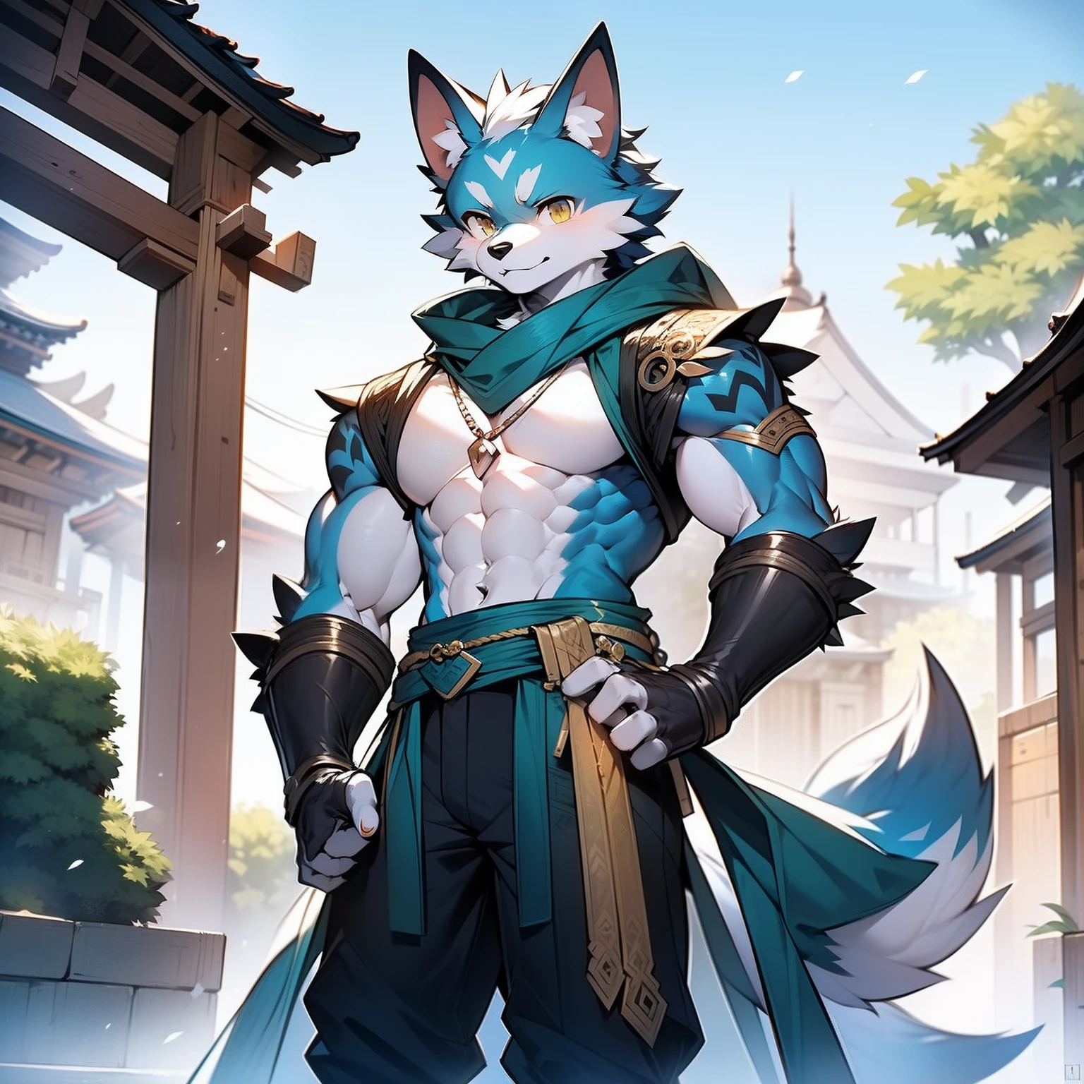 Best quality, Young, , Furry, Solo, Male Wolf: 1.5, Light blue fur: 1.3, Light blue Ears, Animal Ear, Yellow eyes, Humanoid hands, Muscular body, Abs, Wearing Shaolin legging, Topless, Standing in the courtyard of Shaolin Temple.