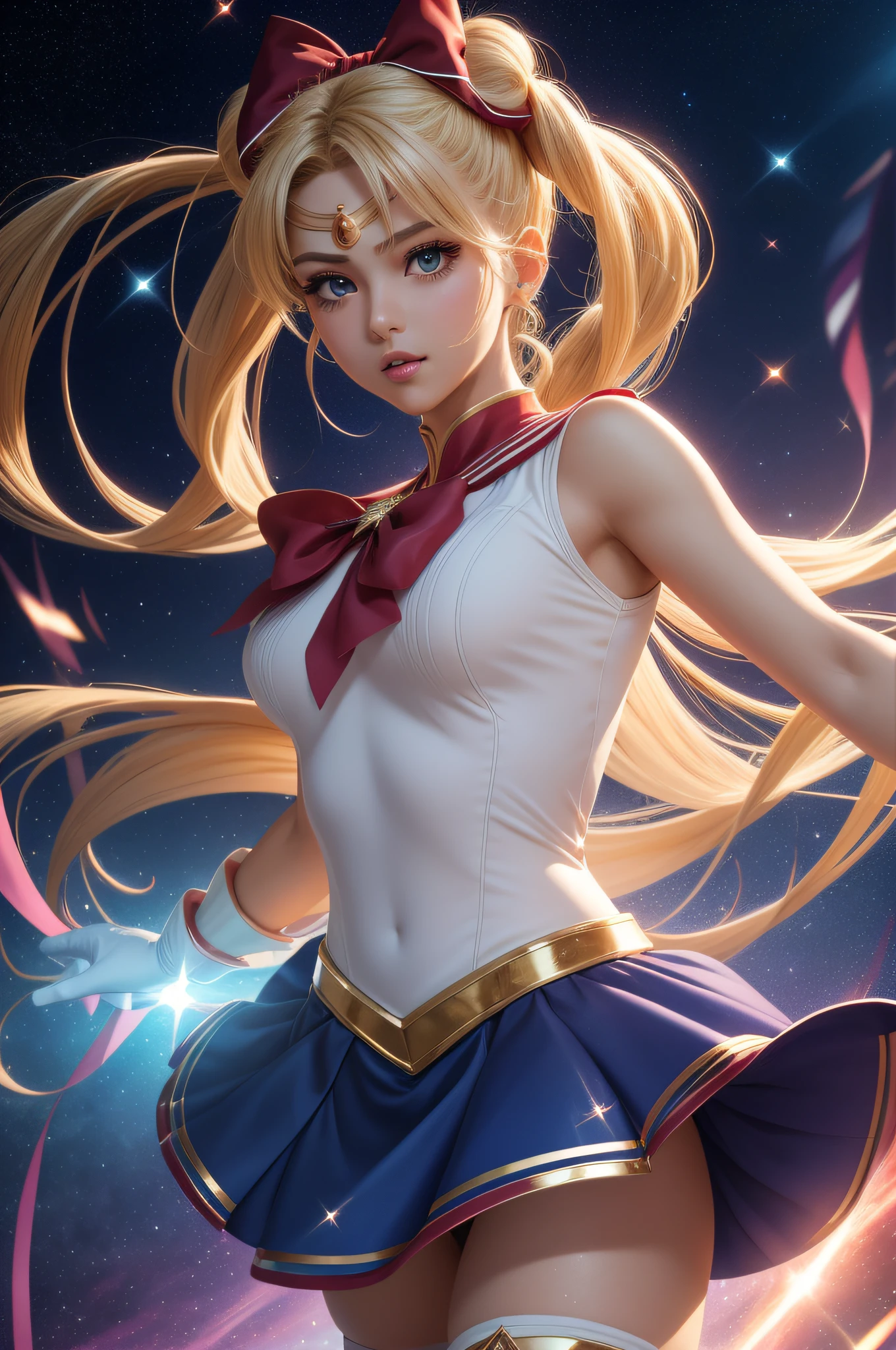 Arti modern anime. angled view, closeup action portrait beautiful mature "Sailor moon" as an mature 30 year old adult lady, fighting a shadow monster, rough battle fight scene, long golden blonde pigtails, magic transforming scene, holding a magical and powerful heart sceptre, leaning forward, slim body, highly ornamented and detailed "glitter crystal clothing details", ("blue skirt"), ("red chest bow"), ("white gloves"), angle, "knee high heel boots", depth of field blur effect, night, photorealistic. cinematic lighting, highly detailed. best quality, 4k, Better hand, perfect anatomy, aggressive coy flirty focused expression, flat chested, highly ornamented clothing, fight battle pose, surrounded by star dust sparkling around her, red ribbons spinning around body, bright light from forehead, stars in the background, bend knees, magic powerful light glowing from body, magical ribbons, turning, face sitting angle, stepping, in Tokyo city as a battlefield war zone