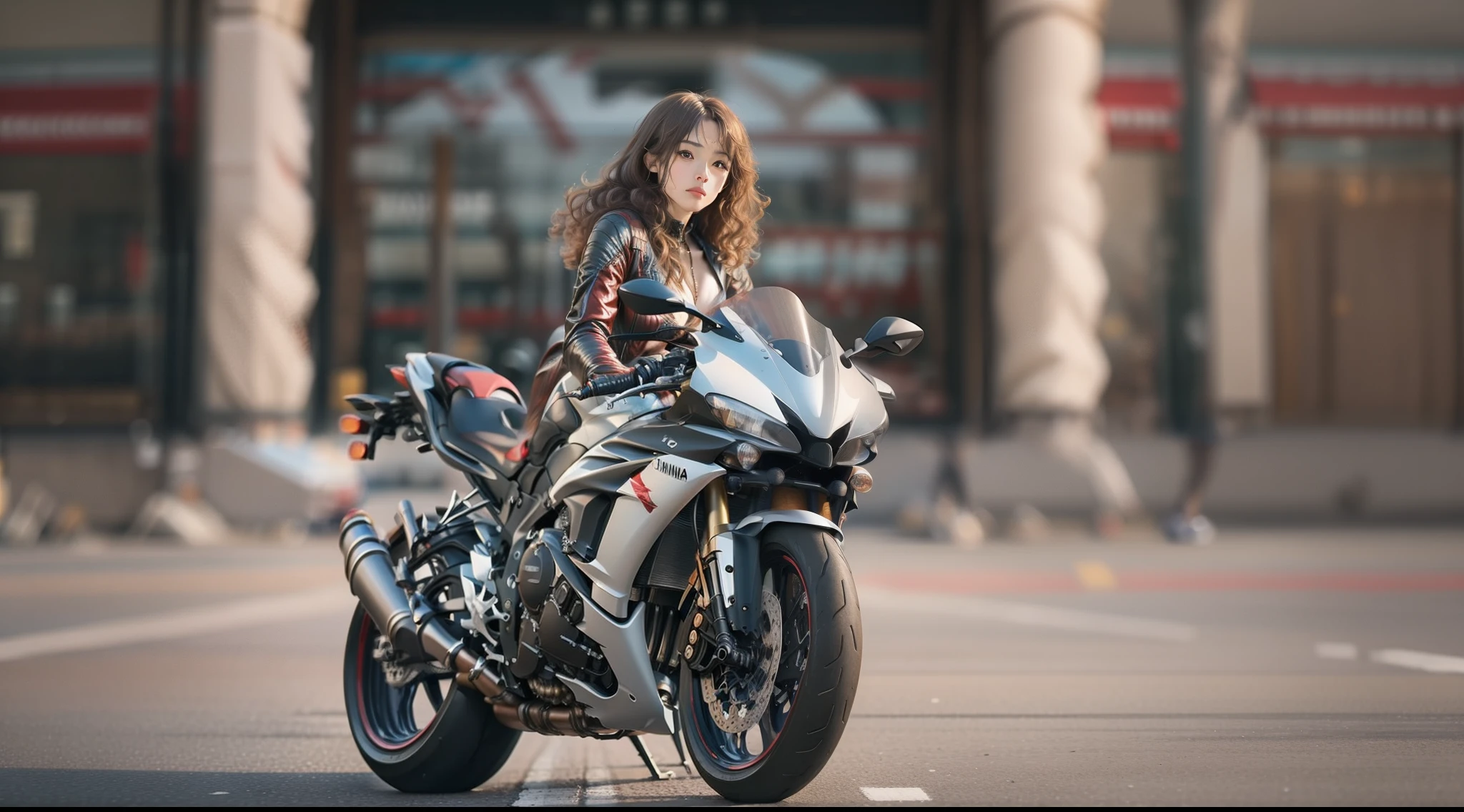 RAW photo,Best quality in 4K,Japanese model girl,(High detail eyes, High detail nose, ivory skin, Realistic, Brown long hair,Expression curly hair,slim body shape, Sporty dress,)full suit,NSFW,She rides a motorcycle on the road,(Yamaha R6 motorcycle, Sponsors:Yamarobe,Model 2021,),City blurred background, shaded lighting, Masterpiece,