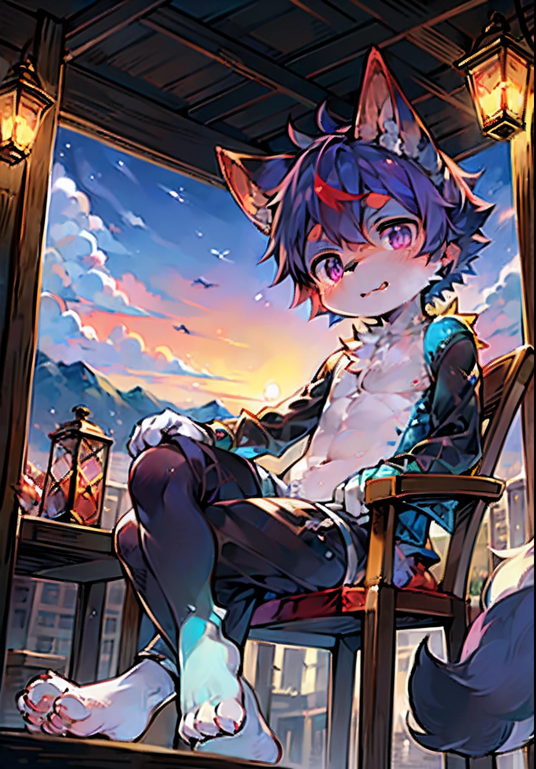 masterpiece,high quality,abstract res,digital painting\(artwork\), by dagasi, yupa, kiyosan, (anthro, fluffy fur, character focus:1.1), anthro male cat, short hair, portrait, bright eyes, panorama, Character focus. (Detailed background: 0.7), solo, furry, furry male, male focus, anthr, (full body fur, fluffy tail, dark green fur, purple eyes light blue in the middle, red diamond in the center of forehead), (long canids), (twilight seaside, sitting on a chair with open legs, body with translucent milky white viscous liquid)