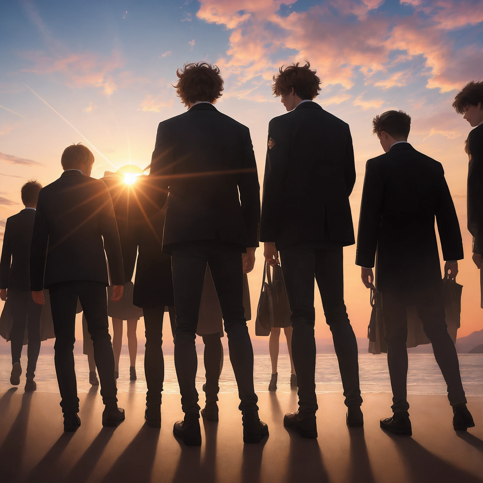 the sunset、multiple persons、high high quality、tmasterpiece、grand master、Delicate back、4k画质、messy  hair、Halo、long leges、One woman and five men、full bodyesbian，Extremely beautiful sky、Detailed light and shadow