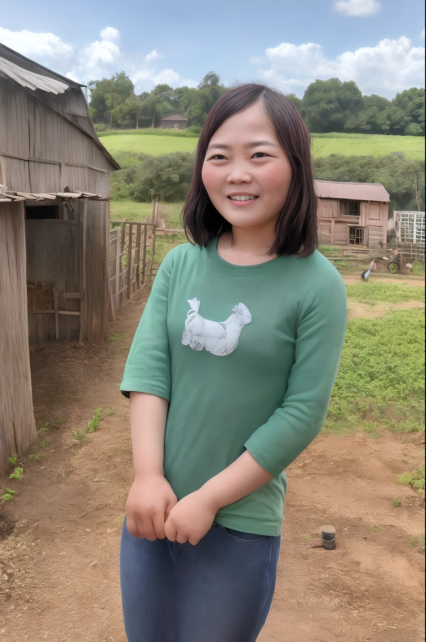In between farm work、Patch Shirt、Mongpe、country、Woman posing in front of barn、one people、Suppin、no-makeup、Fat、a small face、The upper part of the body