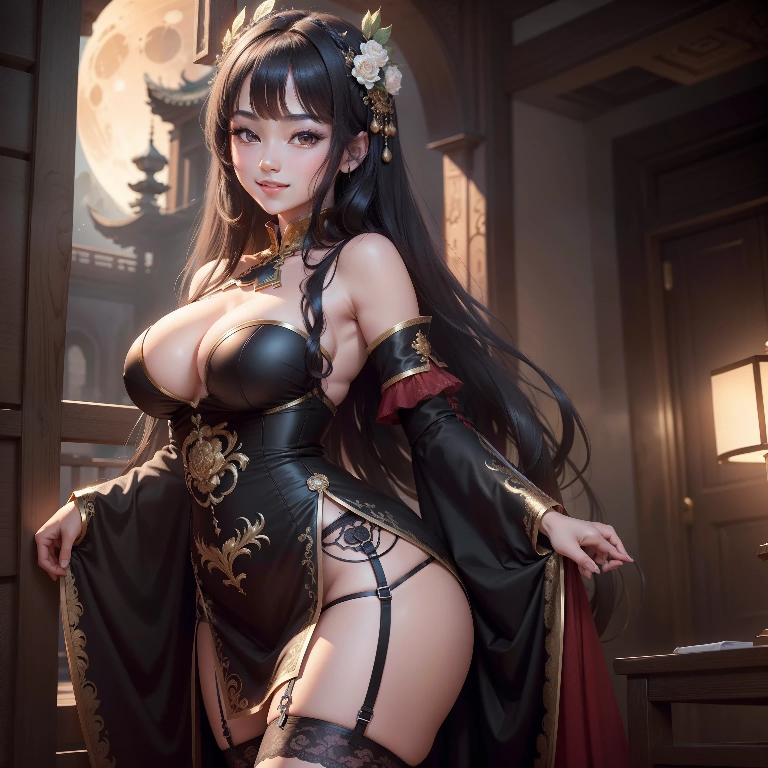 masterpiece, best quality, ultra-detailed, extremely detailed, 4K, 8K, best quality, beautiful, extremely detailed game CG, moon, a cute girl, 1girl, solo, big breasts,Chinese dress, beautiful black hair, beautiful brown eyes, beautiful eyes, long hair, garter belt, smile, light smile