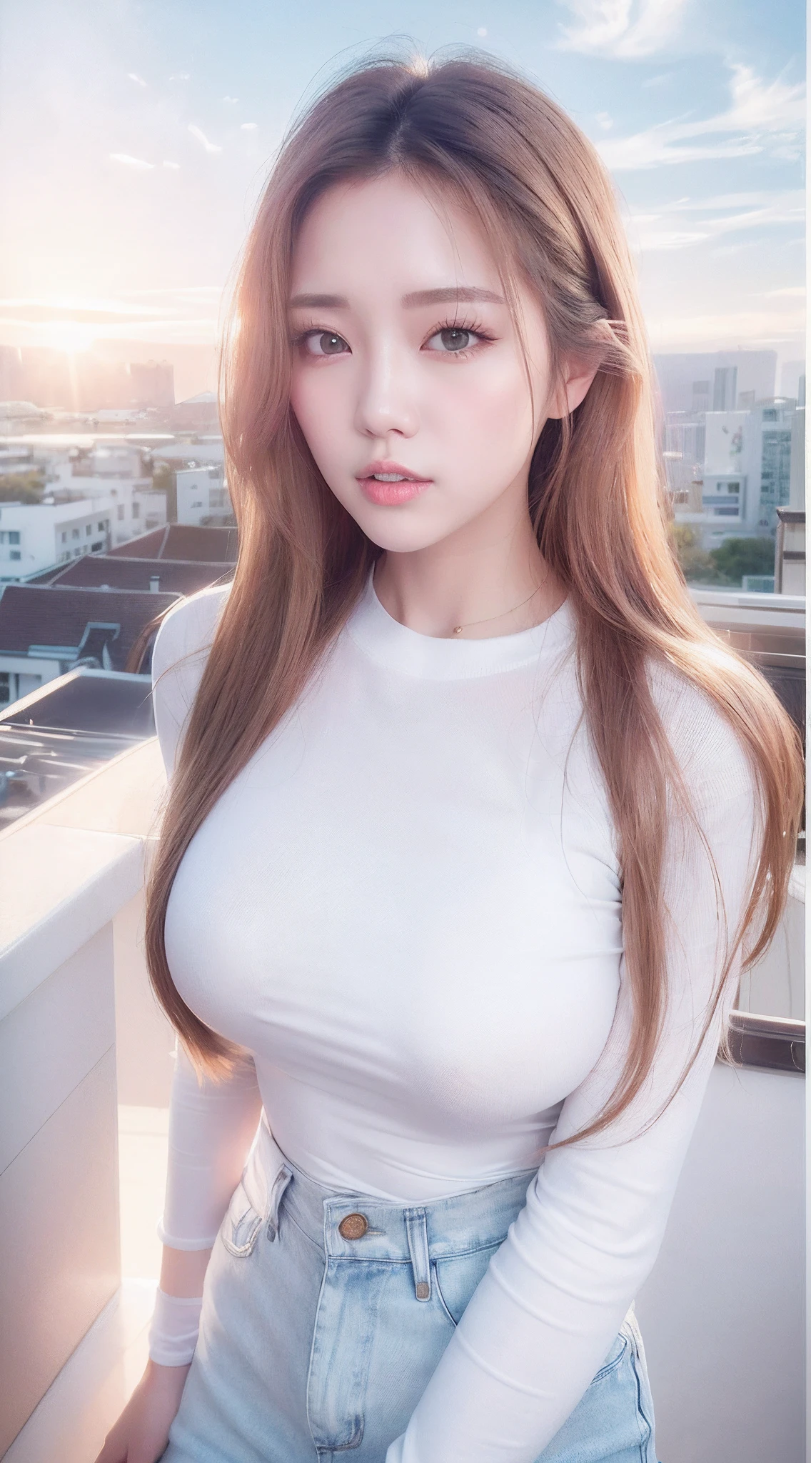 a close up of a woman with a white shirt and jeans, Gorgeous young Korean woman, smooth white tight clothes suit, pale milky white porcelain skin, Korean girl, beautiful Korean women, beautiful smooth oval head, wearing tight shirt, hot with shining sun, Smooth translucent white skin, Thick neck, Beautiful young Korean woman, wearing a cute top, Clear lips and high quality